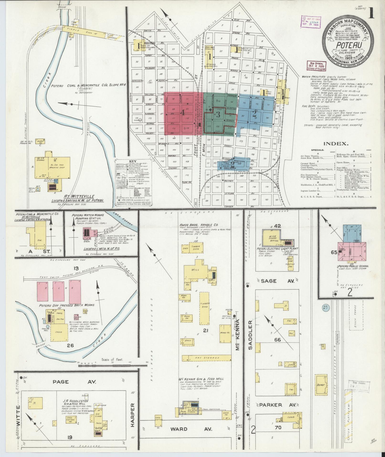 Sanborn Fire Insurance Map from Poteau, Le Flore County, Oklahoma (1909), Sheet #0001 - Historic Sanborn Fire Insurance Map Print, vintage old map wall art, antique decor, genealogy gift, Oklahoma Oklahoma map