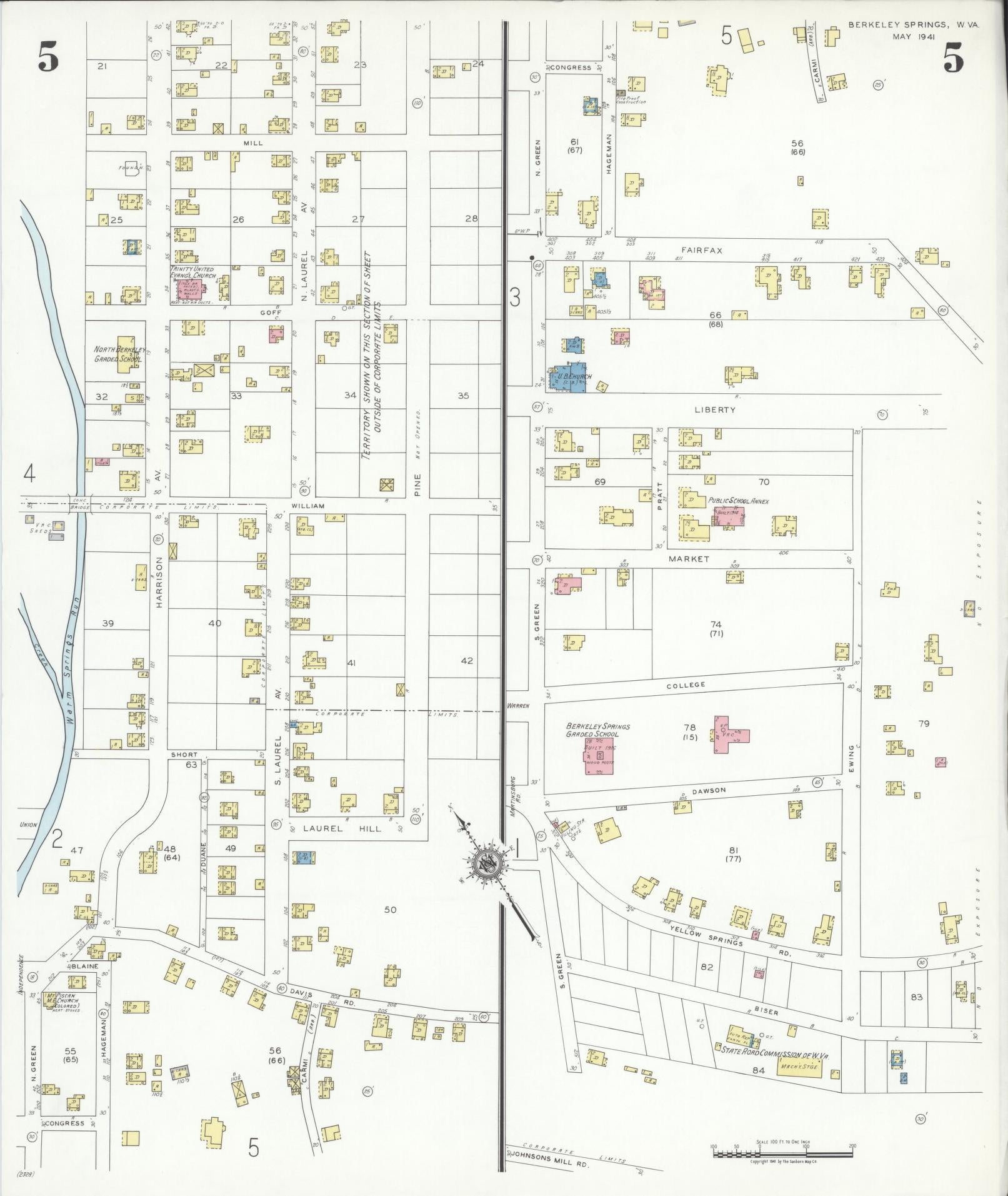 Sanborn Fire Insurance Map from Berkeley Springs, Morgan County, West Virginia (1941), Sheet #0005 - Historic Sanborn Fire Insurance Map Print, vintage old map wall art, antique decor, genealogy gift, West Virginia West Virginia map