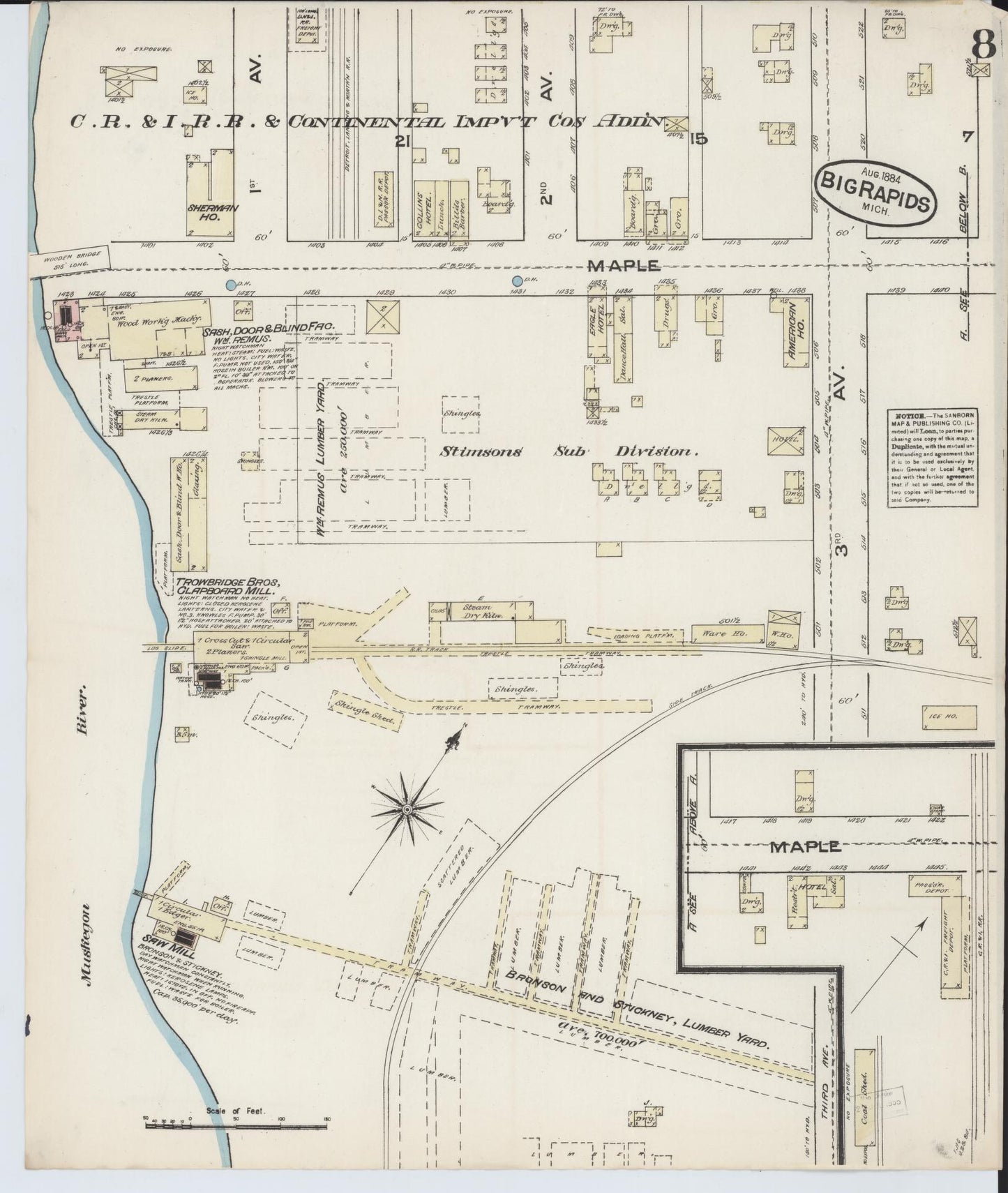Sanborn Fire Insurance Map from Big Rapids, Mecosta County, Michigan (1884), Sheet #0008 - Complete Map Set gallery image, historic Sanborn map, vintage wall art, Michigan Michigan