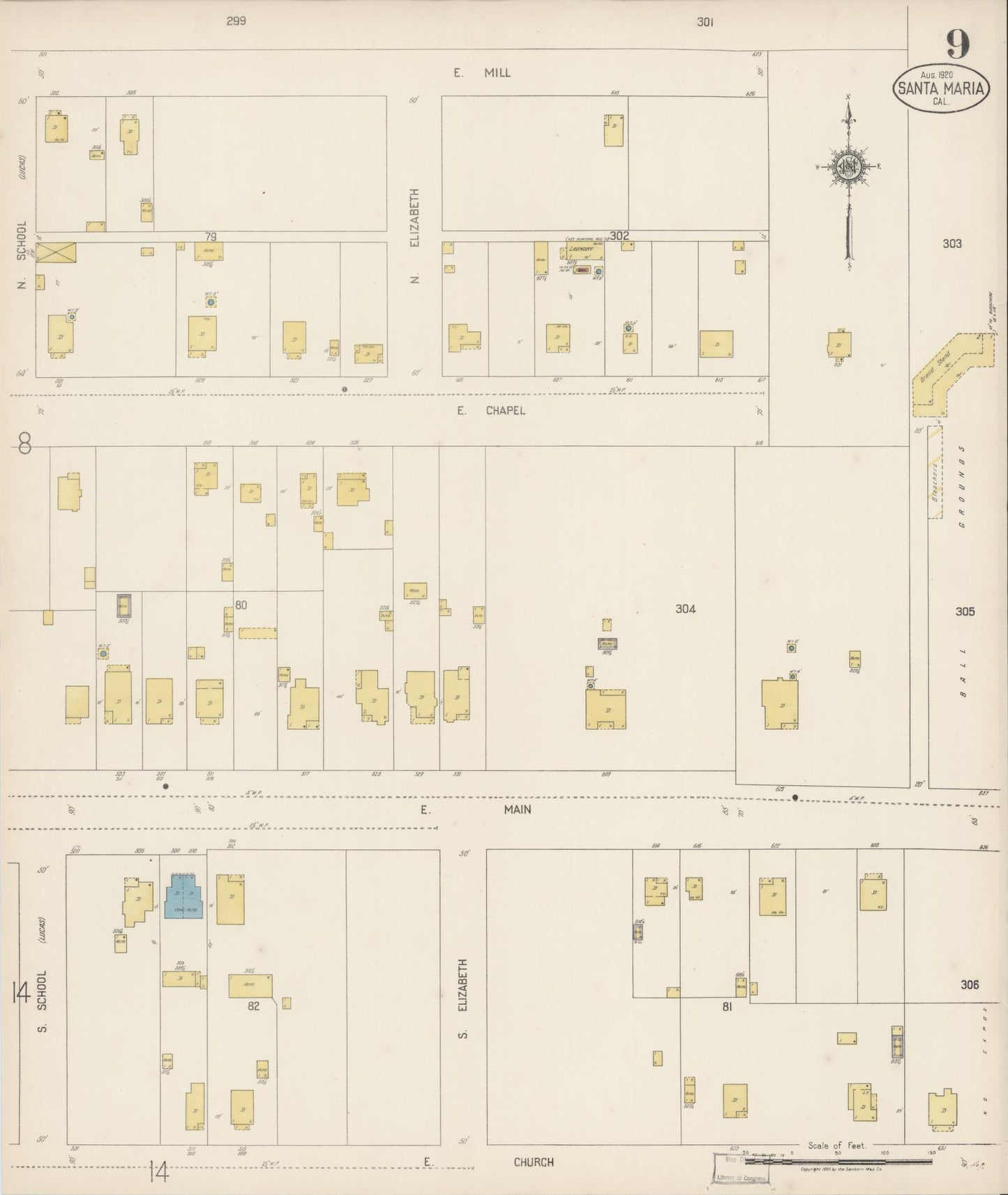 Sanborn Fire Insurance Map from Santa Maria, Santa Barbara County, California (1920), Sheet #0009 - Complete Map Set gallery image, historic Sanborn map, vintage wall art, California California
