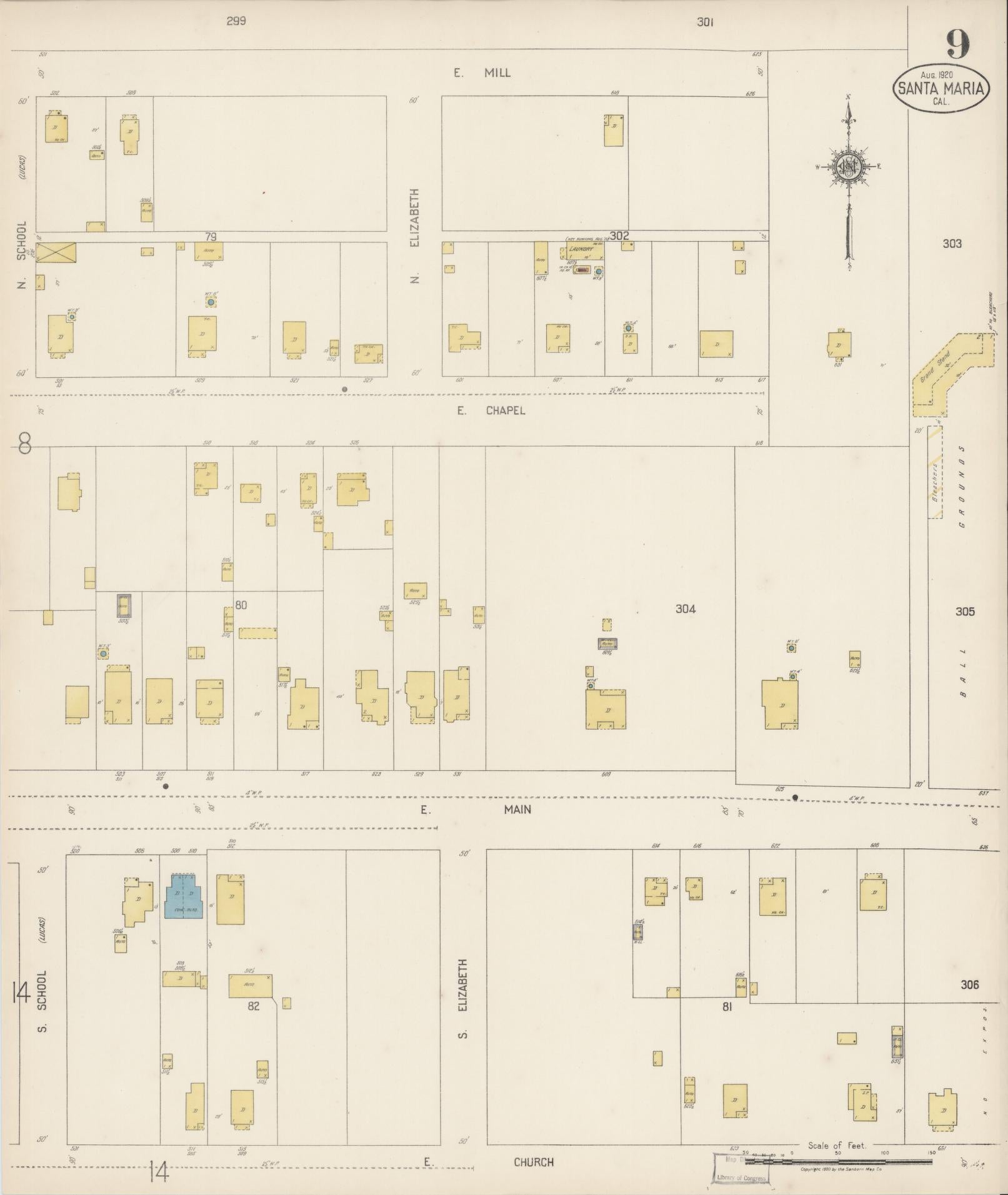 Sanborn Fire Insurance Map from Santa Maria, Santa Barbara County, California (1920), Sheet #0009 - Complete Map Set gallery image, historic Sanborn map, vintage wall art, California California