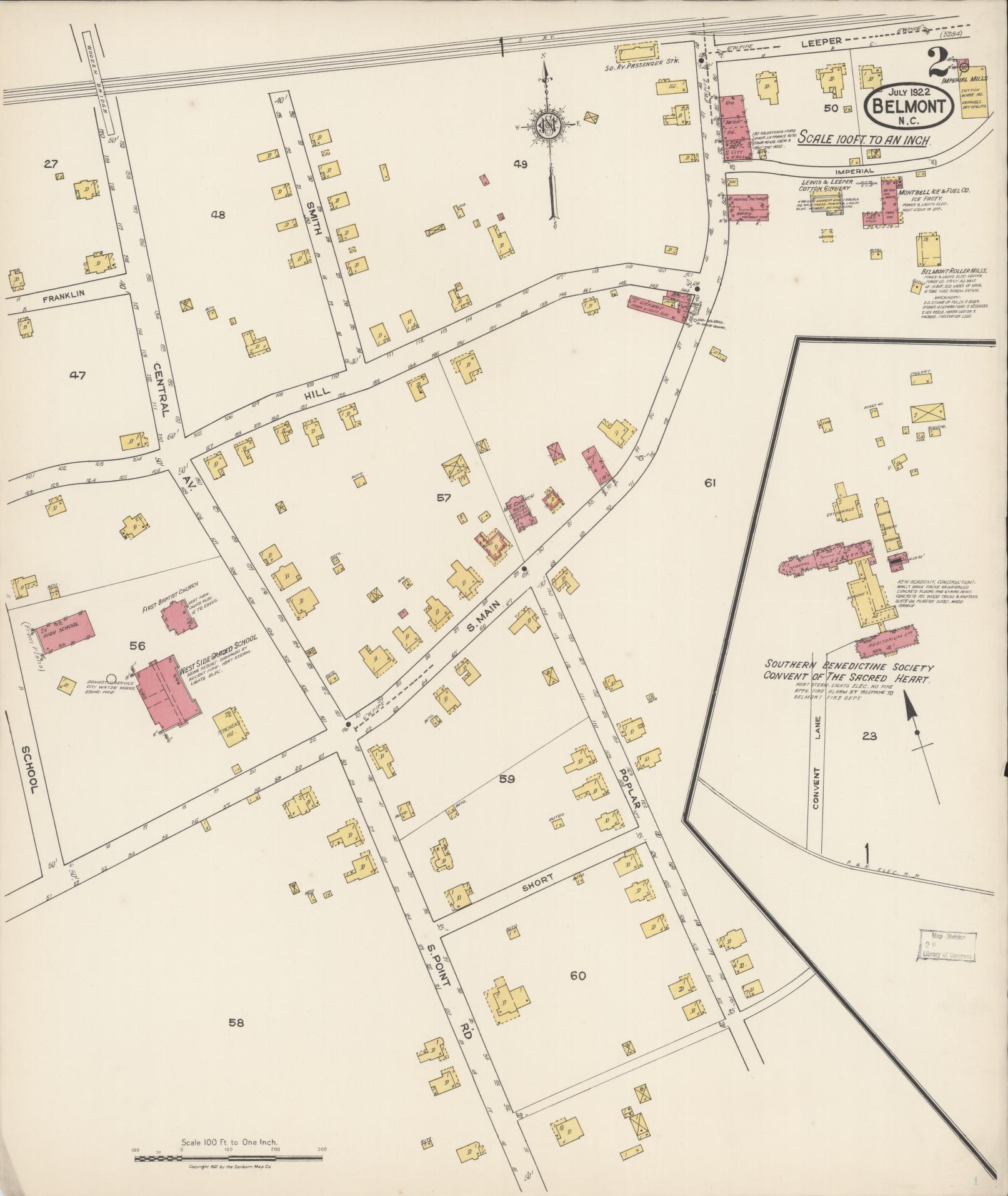 Sanborn Fire Insurance Map from Belmont, Gaston County, North Carolina (1922), Sheet #0002 - Complete Map Set gallery image, historic Sanborn map, vintage wall art, North Carolina North Carolina