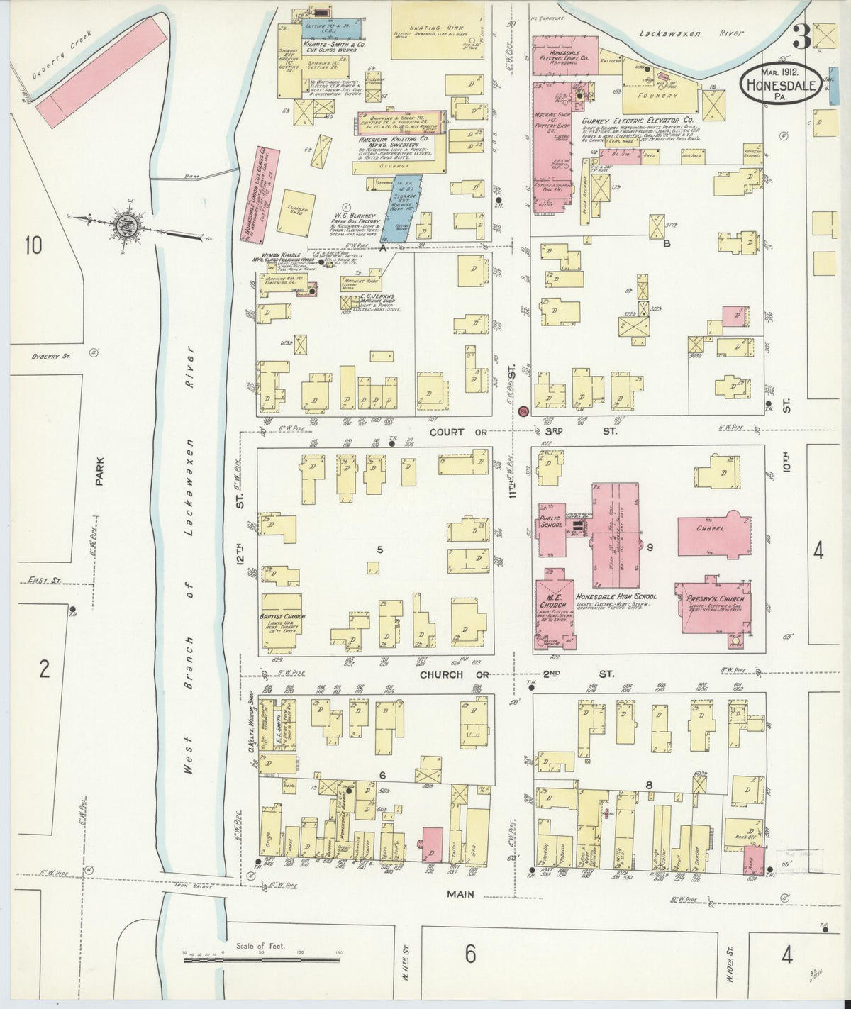 Sanborn Fire Insurance Map from Honesdale, Wayne County, Pennsylvania (1912), Sheet #0003 - Historic Sanborn Fire Insurance Map Print, vintage old map wall art, antique decor, genealogy gift, Pennsylvania Pennsylvania map