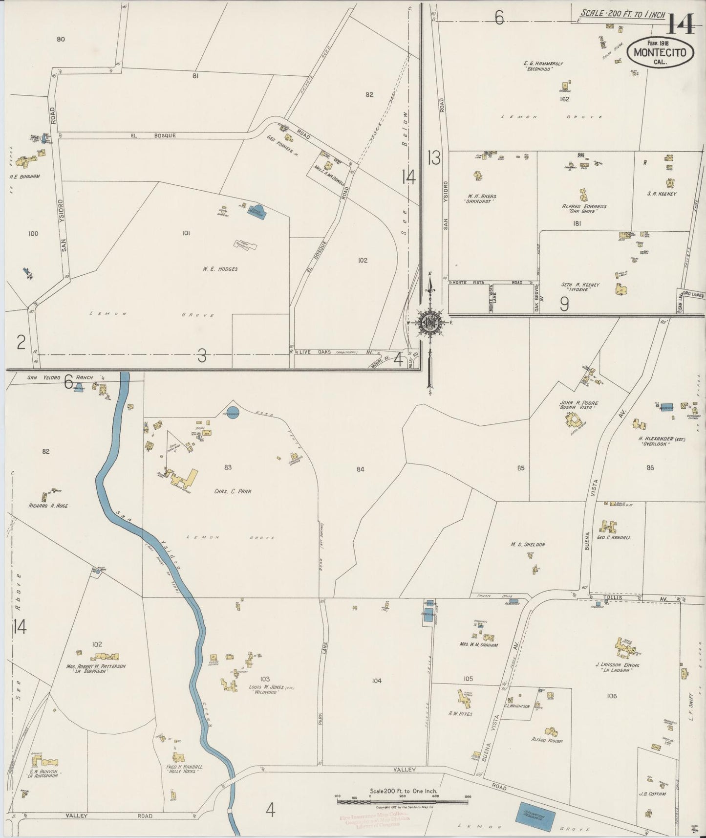 Sanborn Fire Insurance Map from Montecito, Santa Barbara County, California (1918), Sheet #0014 - Complete Map Set gallery image, historic Sanborn map, vintage wall art, California California