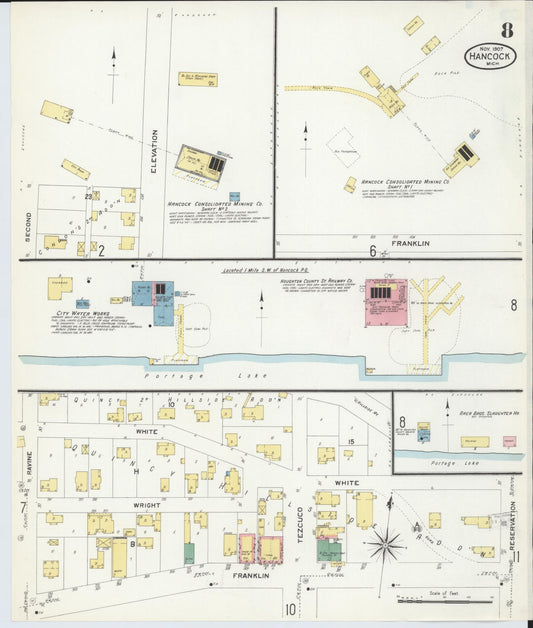 Sanborn Fire Insurance Map from Hancock, Houghton County, Michigan (1907), Sheet #0008 - Historic Sanborn Fire Insurance Map Print, vintage old map wall art, antique decor, genealogy gift, Michigan Michigan map