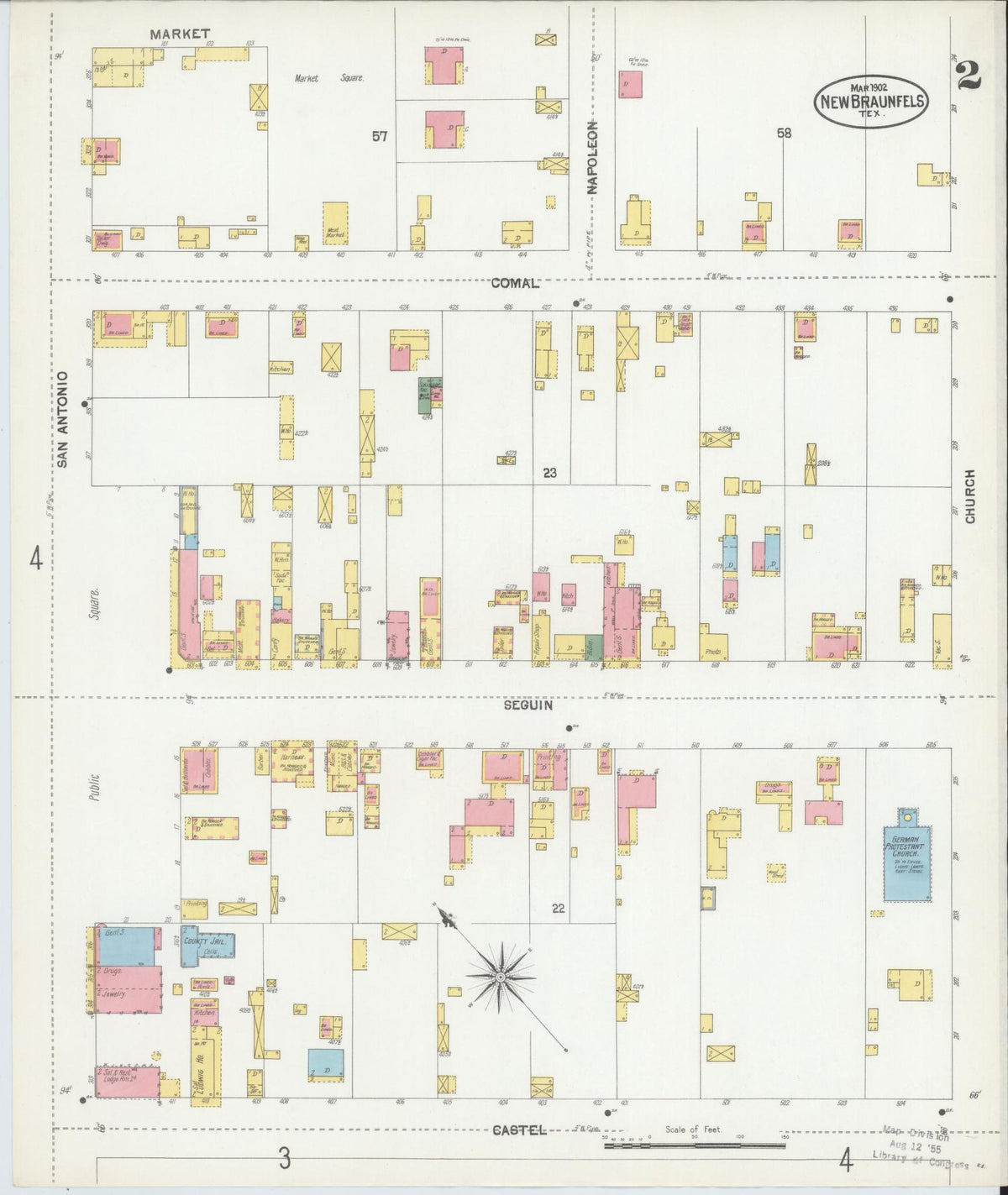 Sanborn Fire Insurance Map from New Braunfels, Comal County, Texas (1902), Sheet #0002 - Complete Map Set gallery image, historic Sanborn map, vintage wall art, Texas Texas