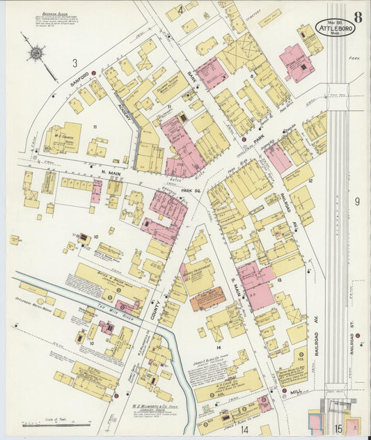 Sanborn Fire Insurance Map from Attleboro, Bristol County, Massachusetts (1911), Sheet #0008 - Historic Sanborn Fire Insurance Map Print, vintage old map wall art, antique decor, genealogy gift, Massachusetts Massachusetts map