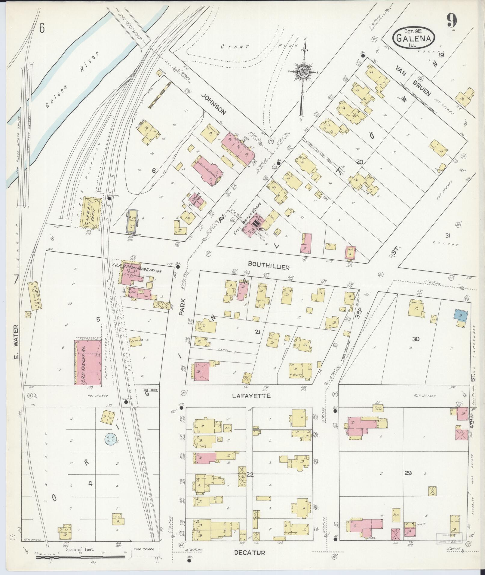 Sanborn Fire Insurance Map from Galena, Jo Daviess County, Illinois (1912), Sheet #0009 - Historic Sanborn Fire Insurance Map Print, vintage old map wall art, antique decor, genealogy gift, Illinois Illinois map