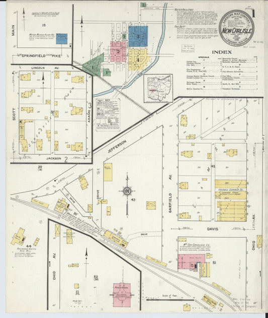 Sanborn Fire Insurance Map from New Carlisle, Clarke County, Ohio (1916), Sheet #0001 - Complete Map Set gallery image, historic Sanborn map, vintage wall art, Ohio Ohio