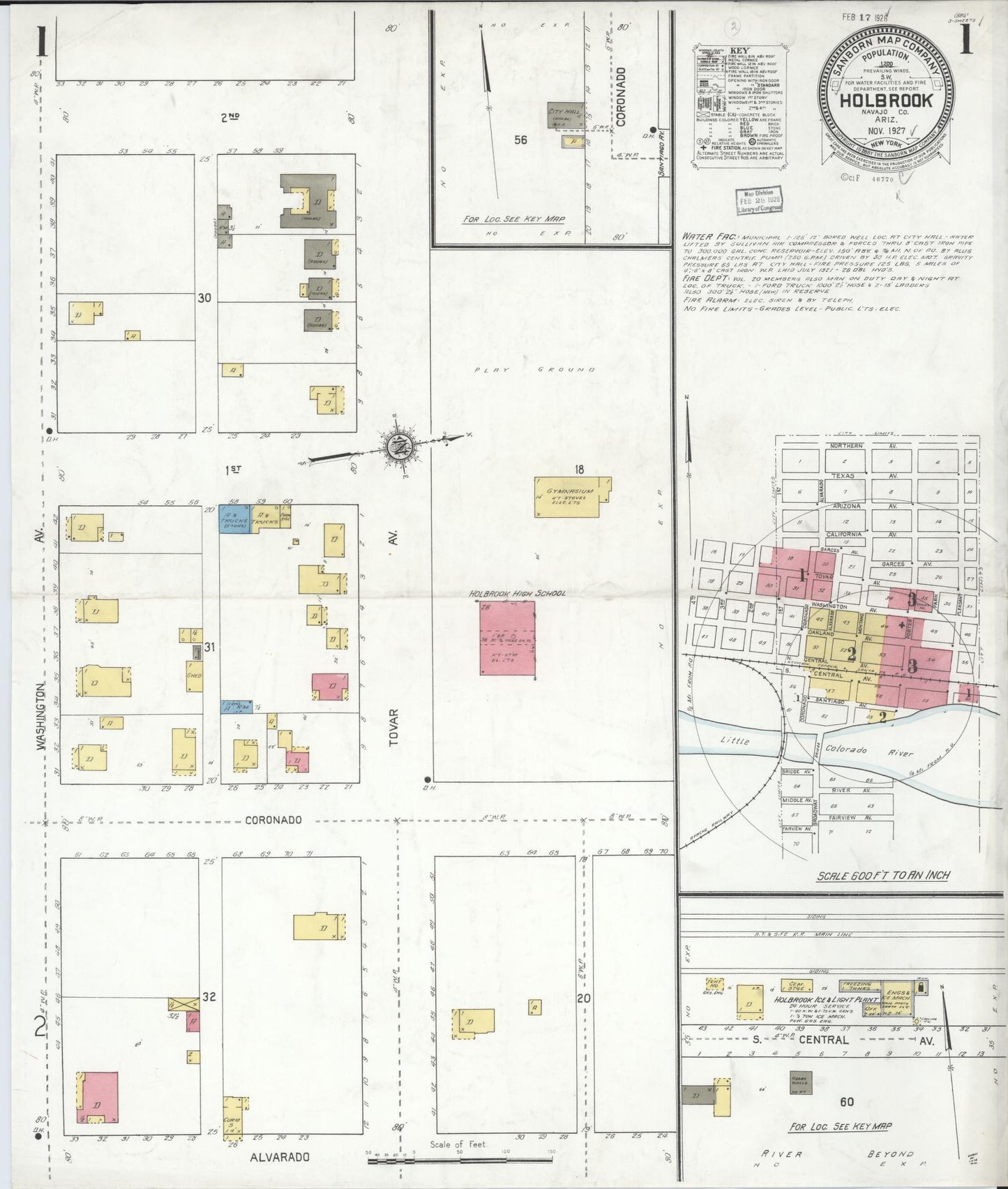 Sanborn Fire Insurance Map from Holbrook, Navajo County, Arizona (1927), Sheet #0001 - Historic Sanborn Fire Insurance Map Print, vintage old map wall art, antique decor, genealogy gift, Arizona Arizona map