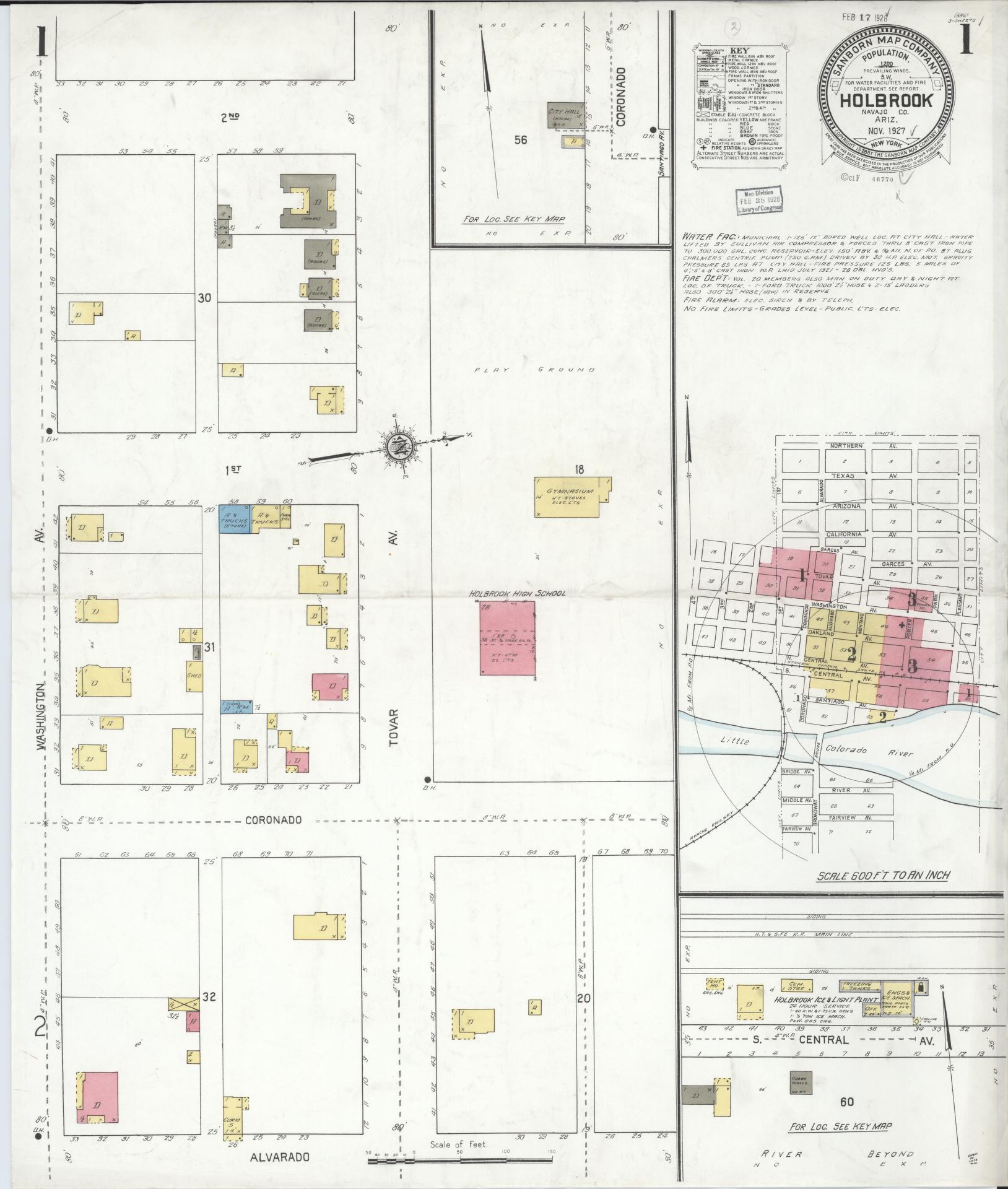 Sanborn Fire Insurance Map from Holbrook, Navajo County, Arizona (1927), Sheet #0001 - Historic Sanborn Fire Insurance Map Print, vintage old map wall art, antique decor, genealogy gift, Arizona Arizona map