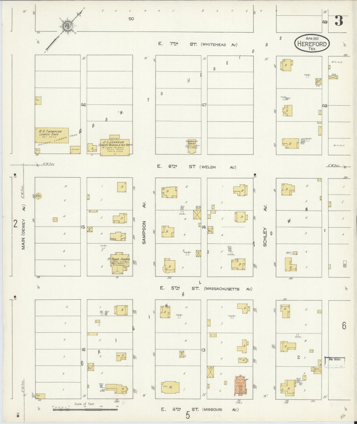 Sanborn Fire Insurance Map from Hereford, Deaf Smith County, Texas (1913), Sheet #0003 - Historic Sanborn Fire Insurance Map Print, vintage old map wall art, antique decor, genealogy gift, Texas Texas map