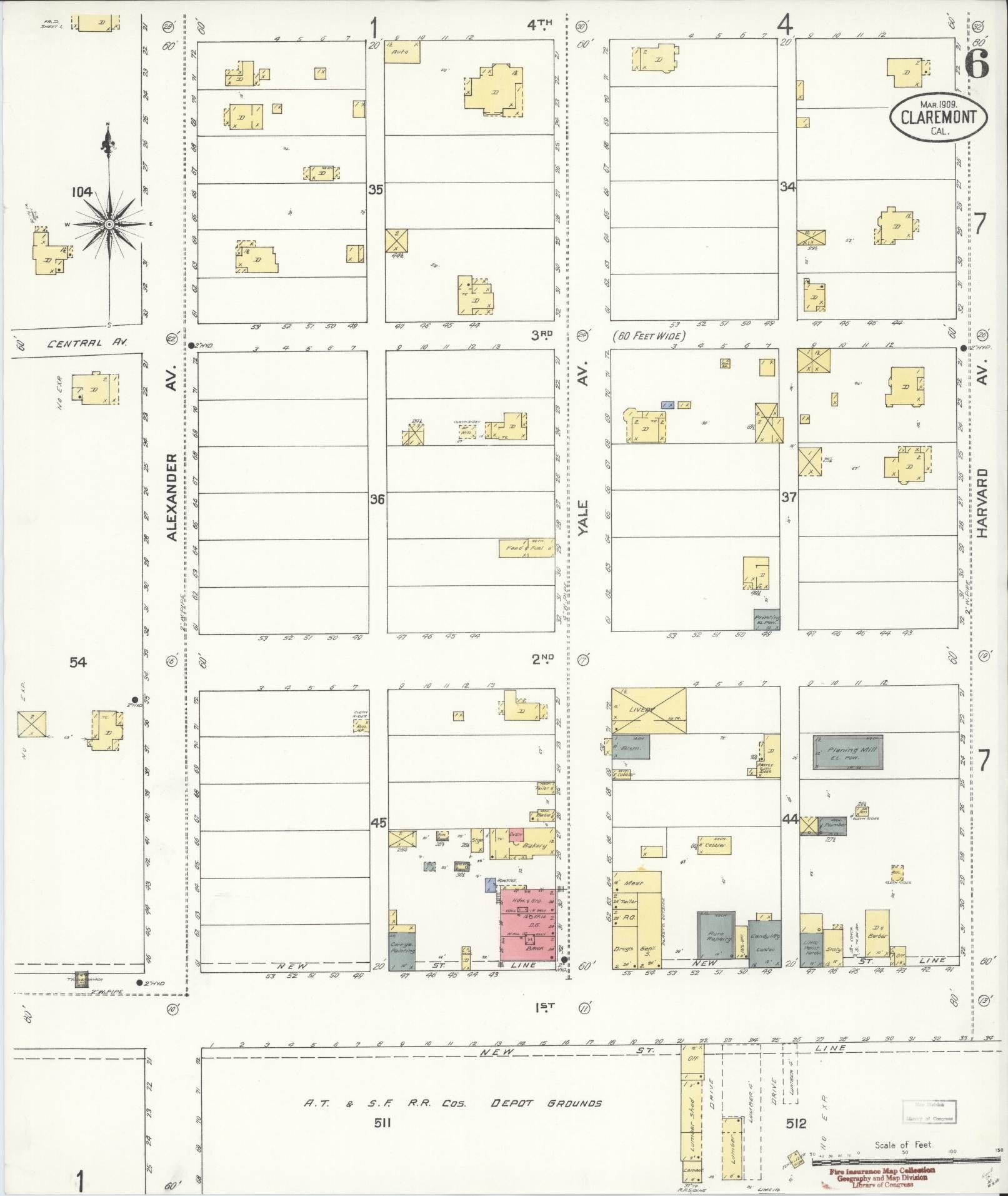 Sanborn Fire Insurance Map from Claremont, Los Angeles County, California (1909), Sheet #0006 - Complete Map Set gallery image, historic Sanborn map, vintage wall art, California California