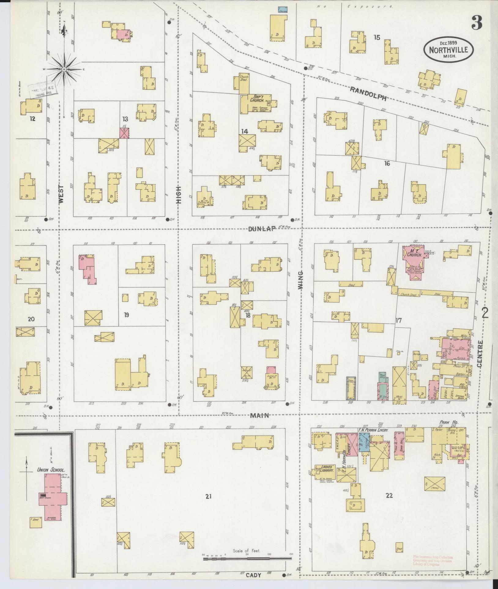 Sanborn Fire Insurance Map from Northville, Wayne County, Michigan (1899), Sheet #0003 - Complete Map Set gallery image, historic Sanborn map, vintage wall art, Michigan Michigan
