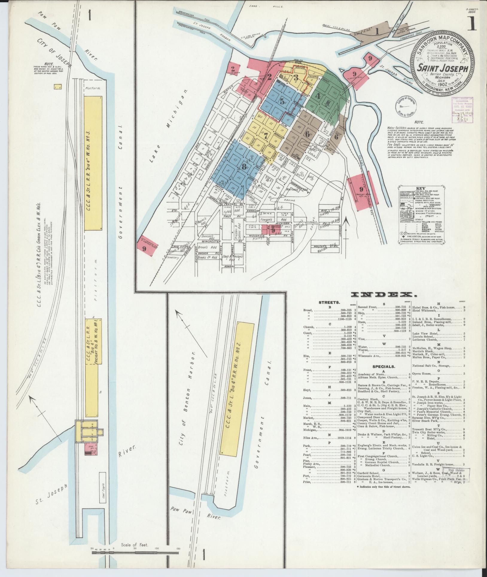 Sanborn Fire Insurance Map from Saint Joseph, Berrien County, Michigan (1902), Sheet #0001 - Complete Map Set gallery image, historic Sanborn map, vintage wall art, Michigan Michigan