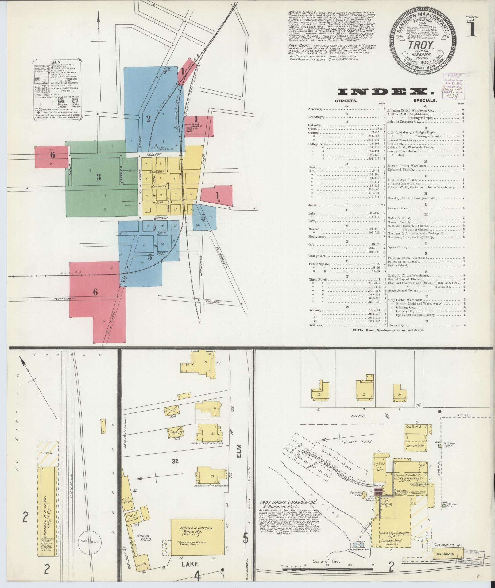 Sanborn Fire Insurance Map from Troy, Pike County, Alabama (1903), Sheet #0001 - Historic Sanborn Fire Insurance Map Print, vintage old map wall art, antique decor, genealogy gift, Alabama Alabama map