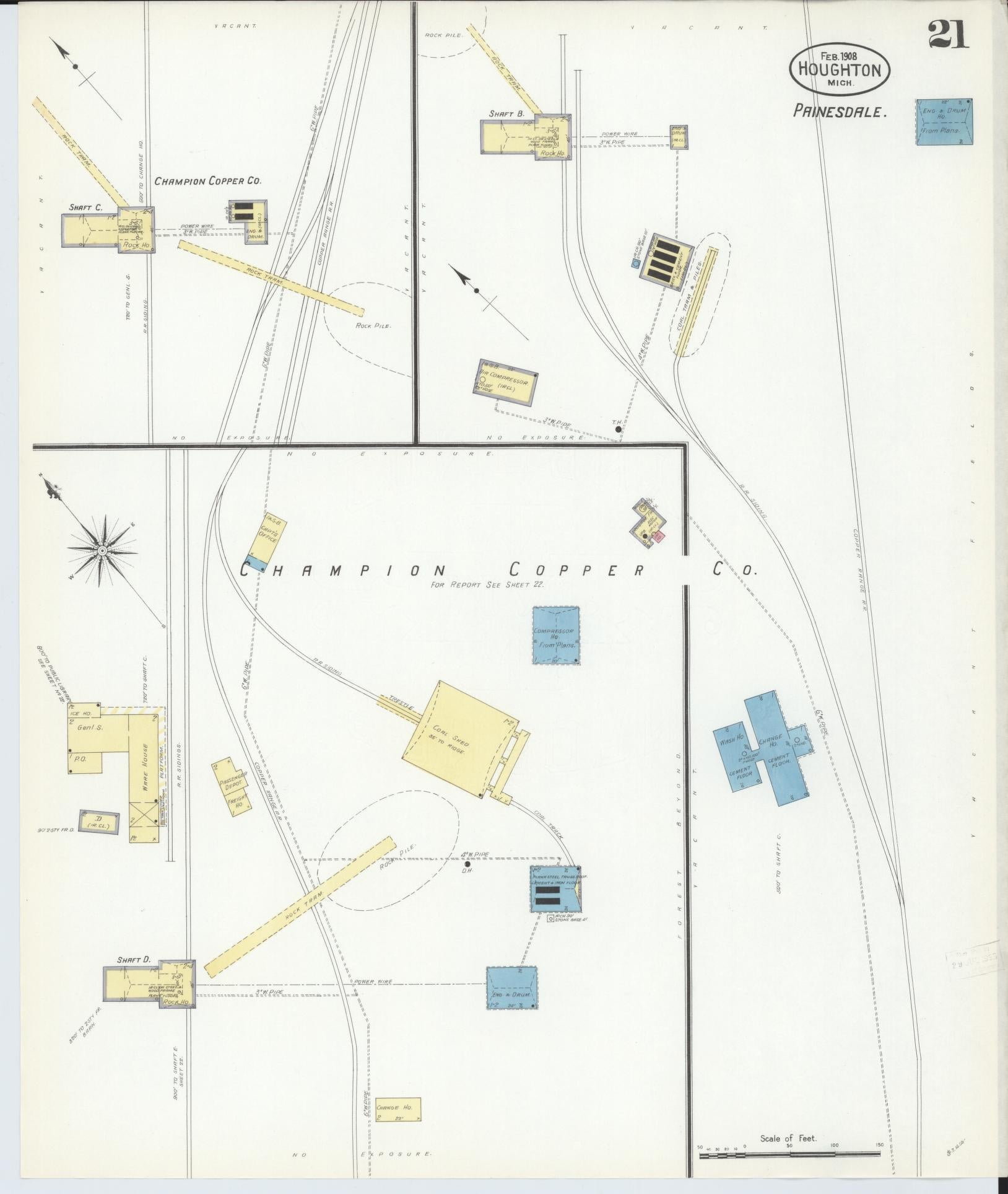 Sanborn Fire Insurance Map from Houghton, Houghton County, Michigan (1908), Sheet #0021 - Historic Sanborn Fire Insurance Map Print, vintage old map wall art, antique decor, genealogy gift, Michigan Michigan map