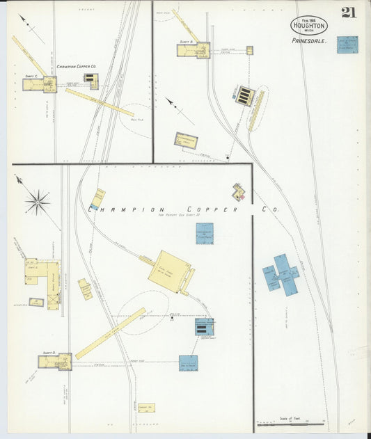 Sanborn Fire Insurance Map from Houghton, Houghton County, Michigan (1908), Sheet #0021 - Historic Sanborn Fire Insurance Map Print, vintage old map wall art, antique decor, genealogy gift, Michigan Michigan map