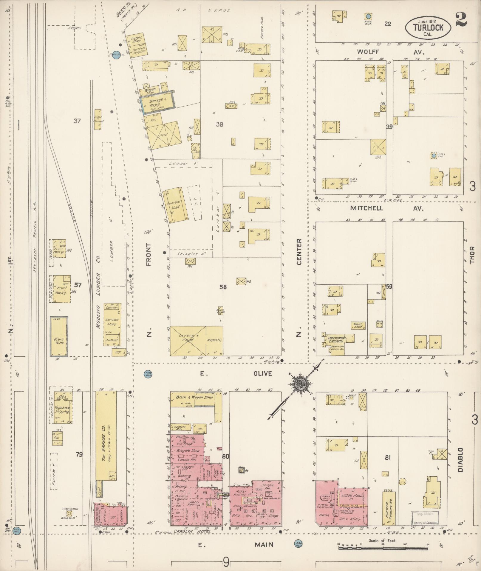 Sanborn Fire Insurance Map from Turlock, Stanislaus County, California (1912), Sheet #0002 - Complete Map Set gallery image, historic Sanborn map, vintage wall art, California California