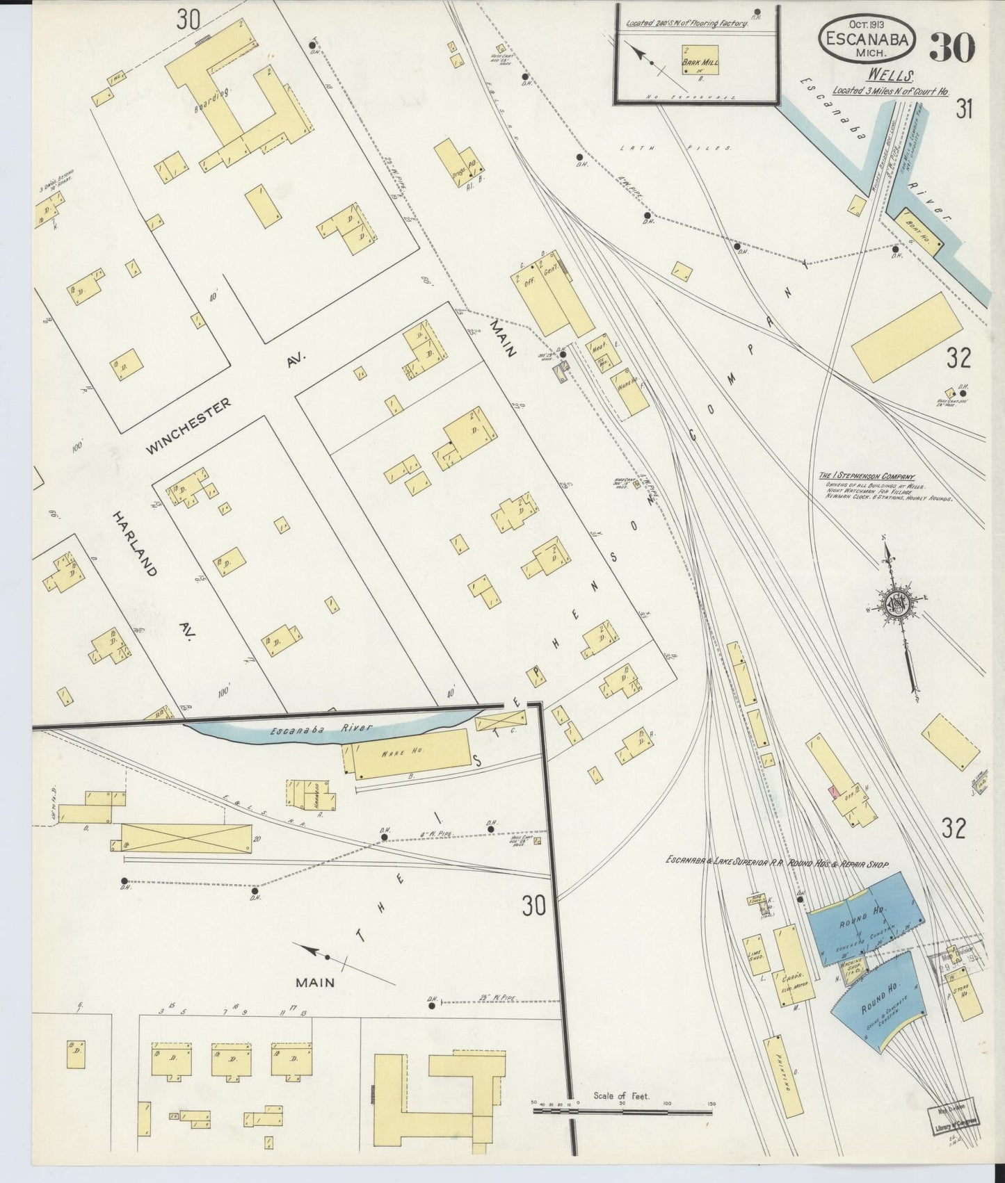 Sanborn Fire Insurance Map from Escanaba, Delta County, Michigan (1913), Sheet #0030 - Historic Sanborn Fire Insurance Map Print, vintage old map wall art, antique decor, genealogy gift, Michigan Michigan map