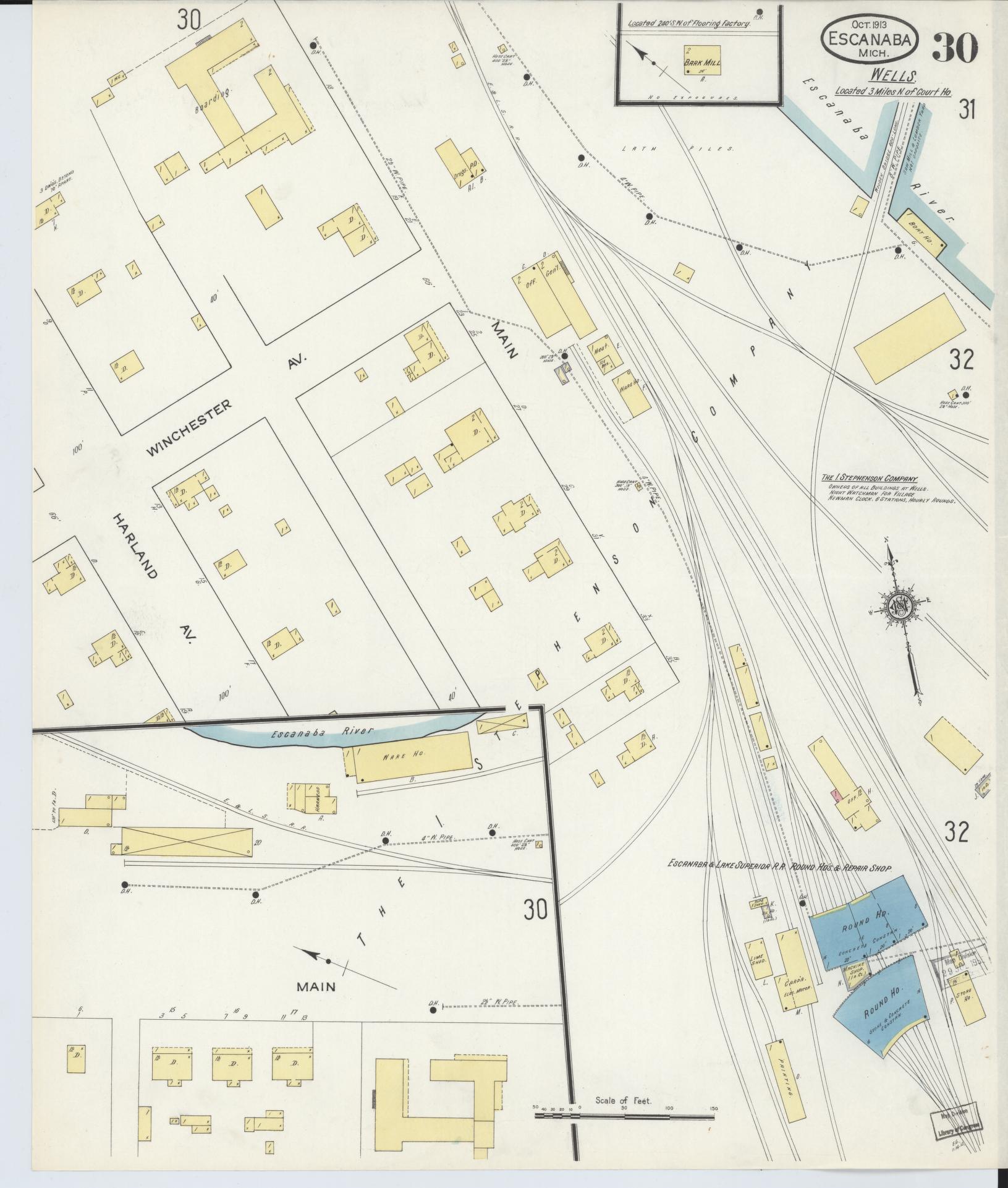 Sanborn Fire Insurance Map from Escanaba, Delta County, Michigan (1913), Sheet #0030 - Historic Sanborn Fire Insurance Map Print, vintage old map wall art, antique decor, genealogy gift, Michigan Michigan map