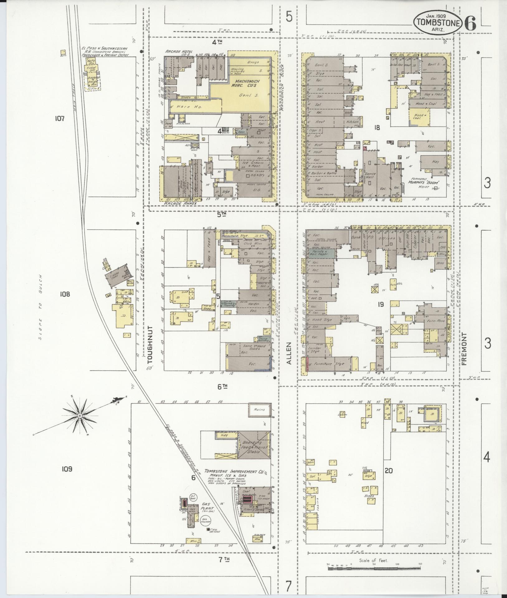 Sanborn Fire Insurance Map from Tombstone, Cochise County, Arizona (1909), Sheet #0006 - Historic Sanborn Fire Insurance Map Print, vintage old map wall art, antique decor, genealogy gift, Arizona Arizona map