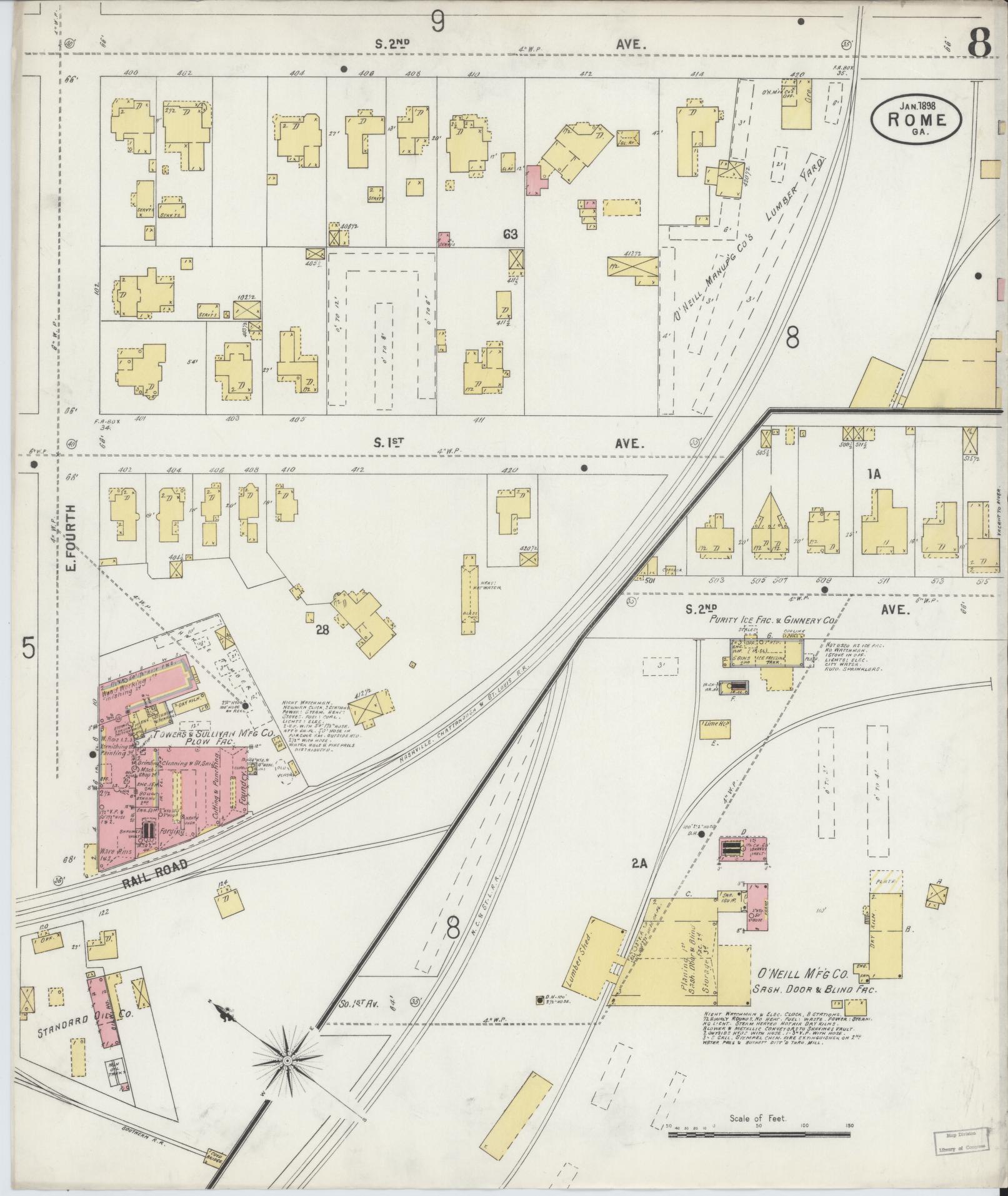 Sanborn Fire Insurance Map from Rome, Floyd County, Georgia (1898), Sheet #0008 - Historic Sanborn Fire Insurance Map Print, vintage old map wall art, antique decor, genealogy gift, Georgia Georgia map