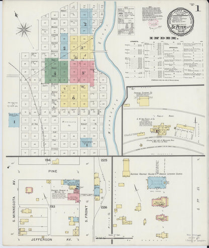 Sanborn Fire Insurance Map from Saint Peter, Nicollet County, Minnesota (1894), Sheet #0001 - Historic Sanborn Fire Insurance Map Print, vintage old map wall art, antique decor, genealogy gift, Minnesota Minnesota map