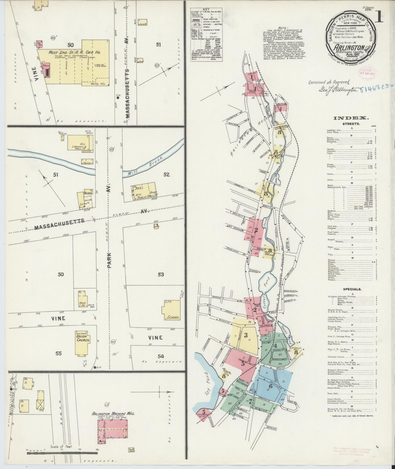 Sanborn Fire Insurance Map from Arlington, Middlesex County, Massachusetts (1897), Sheet #0001 - Historic Sanborn Fire Insurance Map Print, vintage old map wall art, antique decor, genealogy gift, Massachusetts Massachusetts map