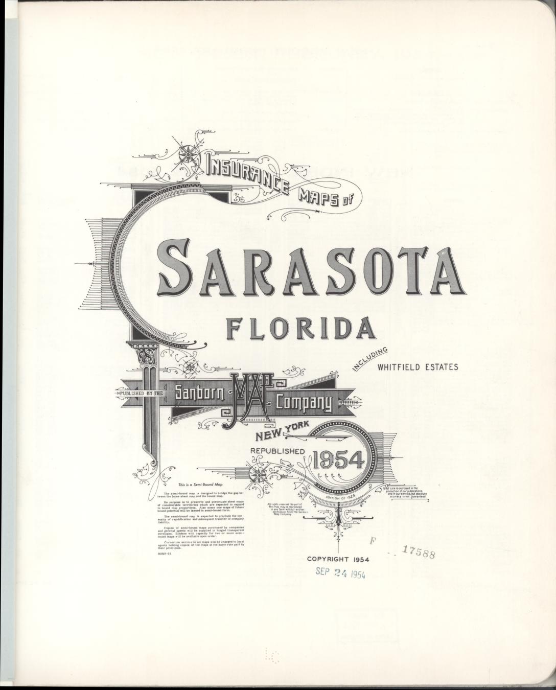 Sanborn Fire Insurance Map from Sarasota, Sarasota County, Florida (1954), Sheet #0001 - Historic Sanborn Fire Insurance Map Print, vintage old map wall art, antique decor, genealogy gift, Florida Florida map