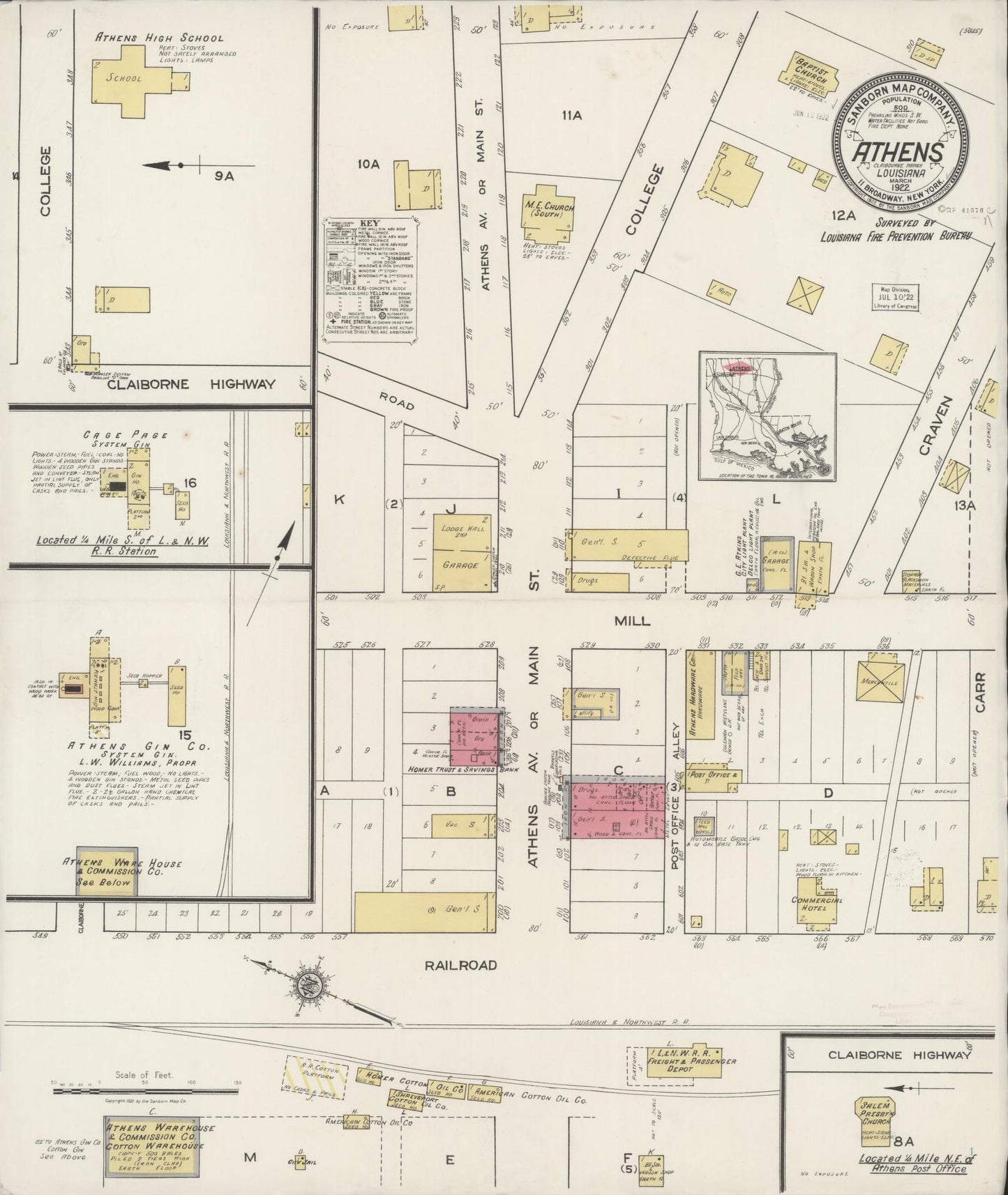 Sanborn Fire Insurance Map from Athens, Claibrone Parish, Louisiana (1922), Sheet #0001 - Historic Sanborn Fire Insurance Map Print, vintage old map wall art, antique decor, genealogy gift, Louisiana Louisiana map