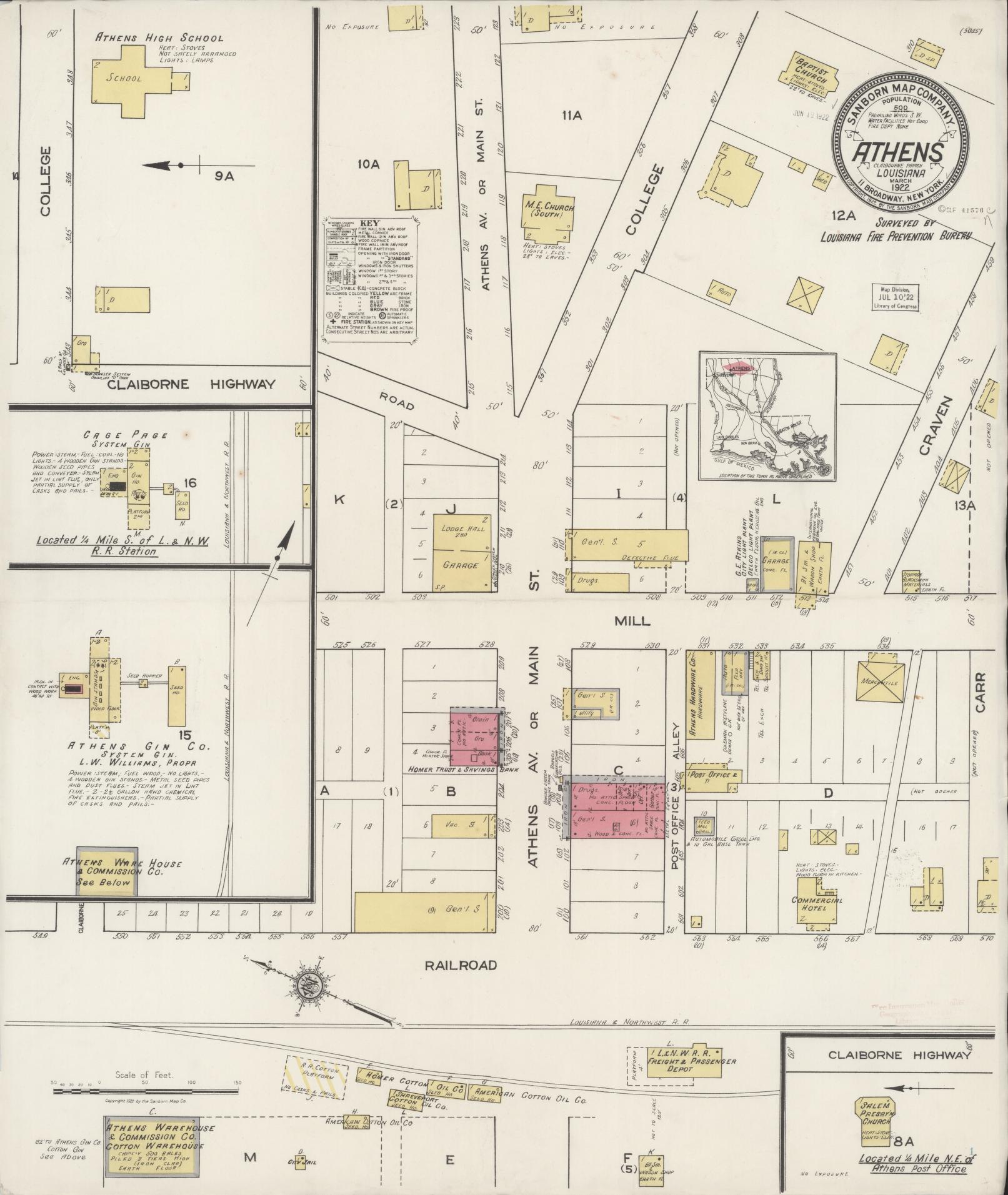 Sanborn Fire Insurance Map from Athens, Claibrone Parish, Louisiana (1922), Sheet #0001 - Historic Sanborn Fire Insurance Map Print, vintage old map wall art, antique decor, genealogy gift, Louisiana Louisiana map