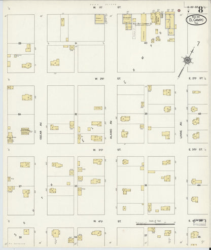 Sanborn Fire Insurance Map from El Campo, Wharton County, Texas (1912), Sheet #0008 - Historic Sanborn Fire Insurance Map Print, vintage old map wall art, antique decor, genealogy gift, Texas Texas map