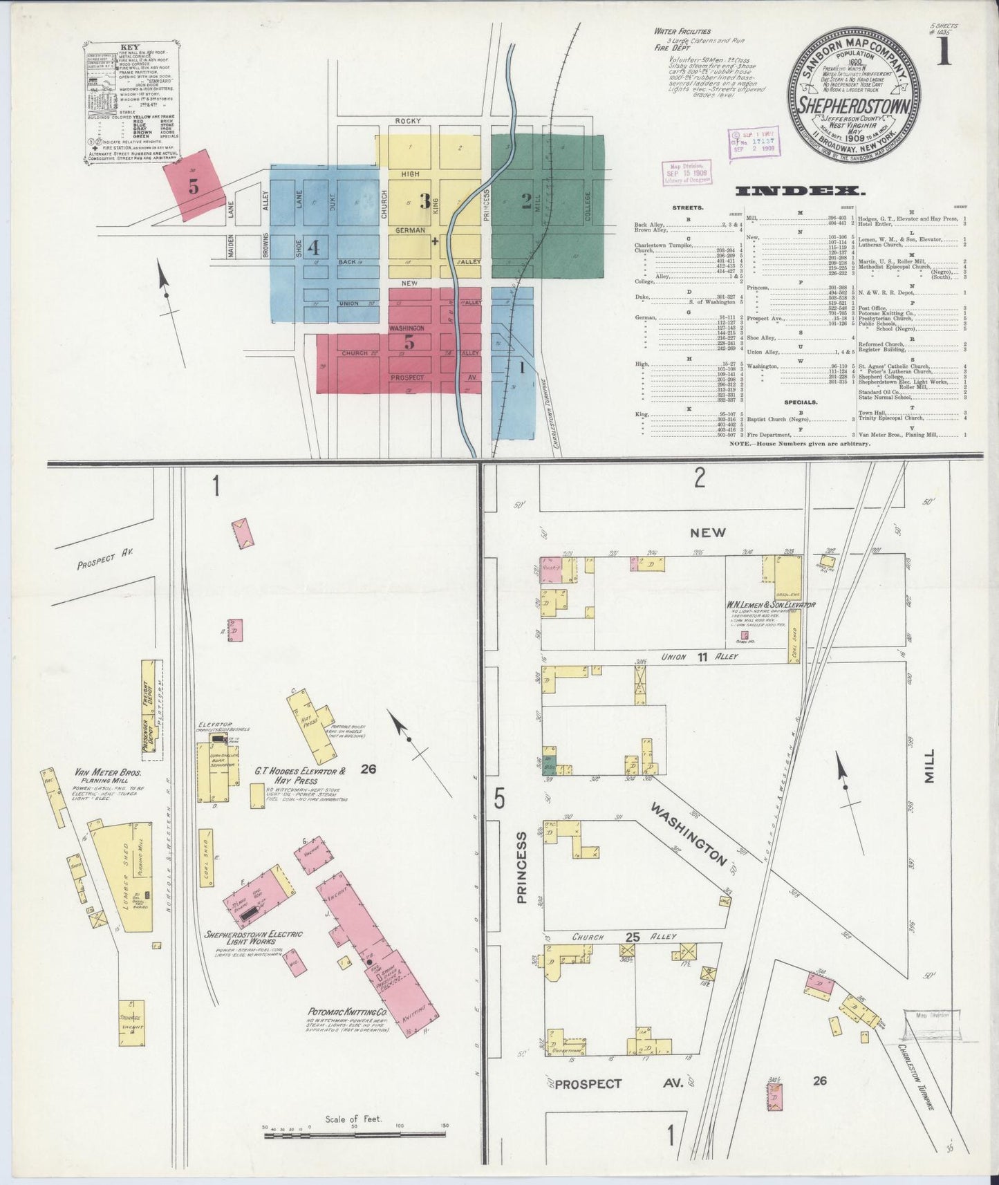 Sanborn Fire Insurance Map from Shepherdstown, Jefferson County, West Virginia (1909), Sheet #0001 - Complete Map Set gallery image, historic Sanborn map, vintage wall art, West Virginia West Virginia