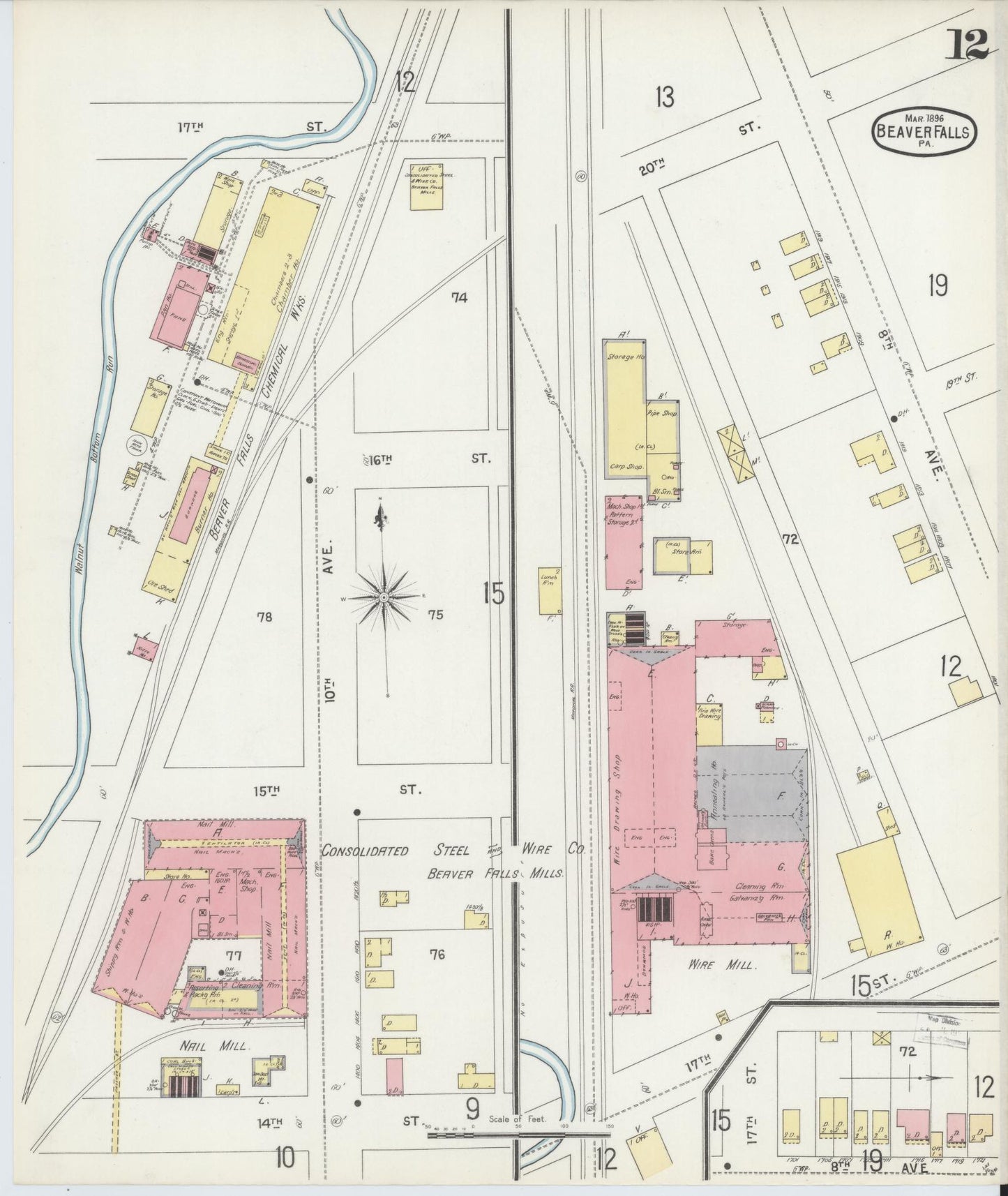 Sanborn Fire Insurance Map from Beaver Falls, Beaver County, Pennsylvania (1896), Sheet #0012 - Historic Sanborn Fire Insurance Map Print, vintage old map wall art, antique decor, genealogy gift, Pennsylvania Pennsylvania map
