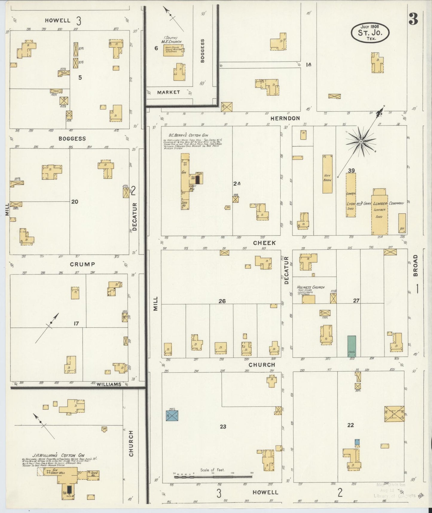 Sanborn Fire Insurance Map from Saint Jo, Montague County, Texas (1908), Sheet #0003 - Complete Map Set gallery image, historic Sanborn map, vintage wall art, Texas Texas