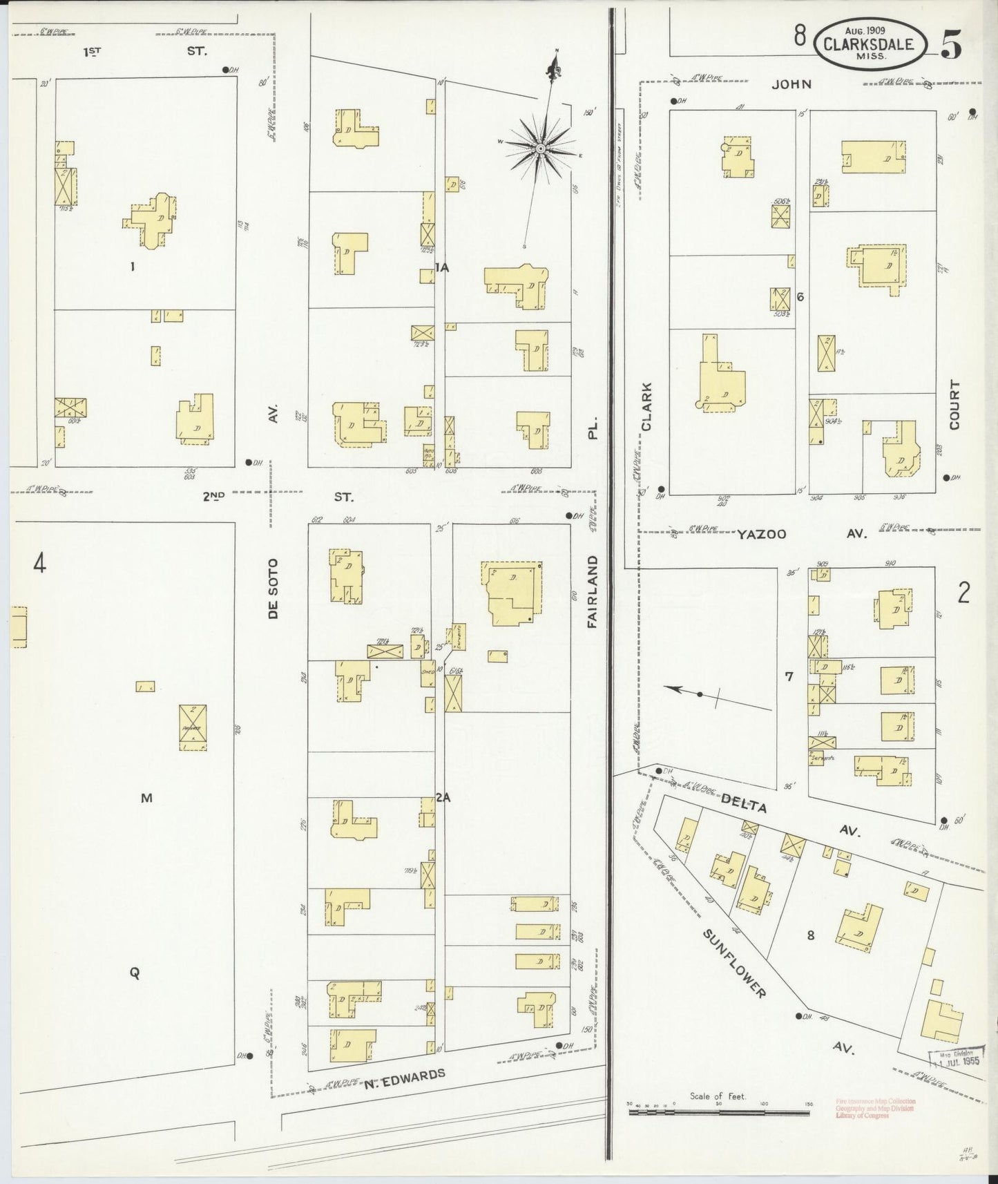 Sanborn Fire Insurance Map from Clarksdale, Coahoma County, Mississippi (1909), Sheet #0005 - Complete Map Set gallery image, historic Sanborn map, vintage wall art, Mississippi Mississippi