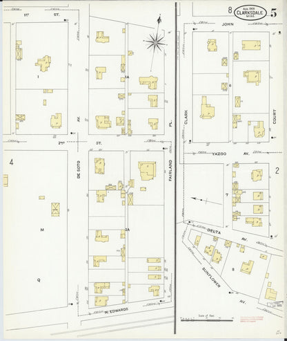 Sanborn Fire Insurance Map from Clarksdale, Coahoma County, Mississippi (1909), Sheet #0005 - Complete Map Set gallery image, historic Sanborn map, vintage wall art, Mississippi Mississippi