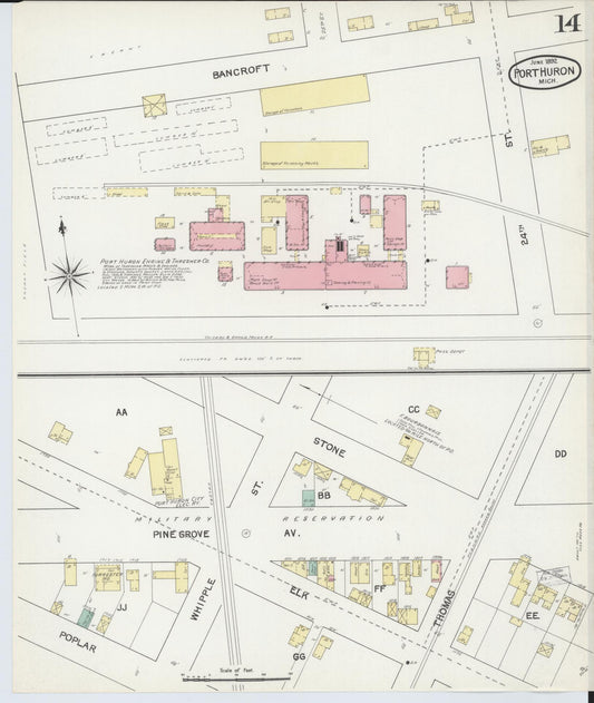 Sanborn Fire Insurance Map from Port Huron, Saint Clair County, Michigan (1892), Sheet #0014 - Historic Sanborn Fire Insurance Map Print, vintage old map wall art, antique decor, genealogy gift, Michigan Michigan map