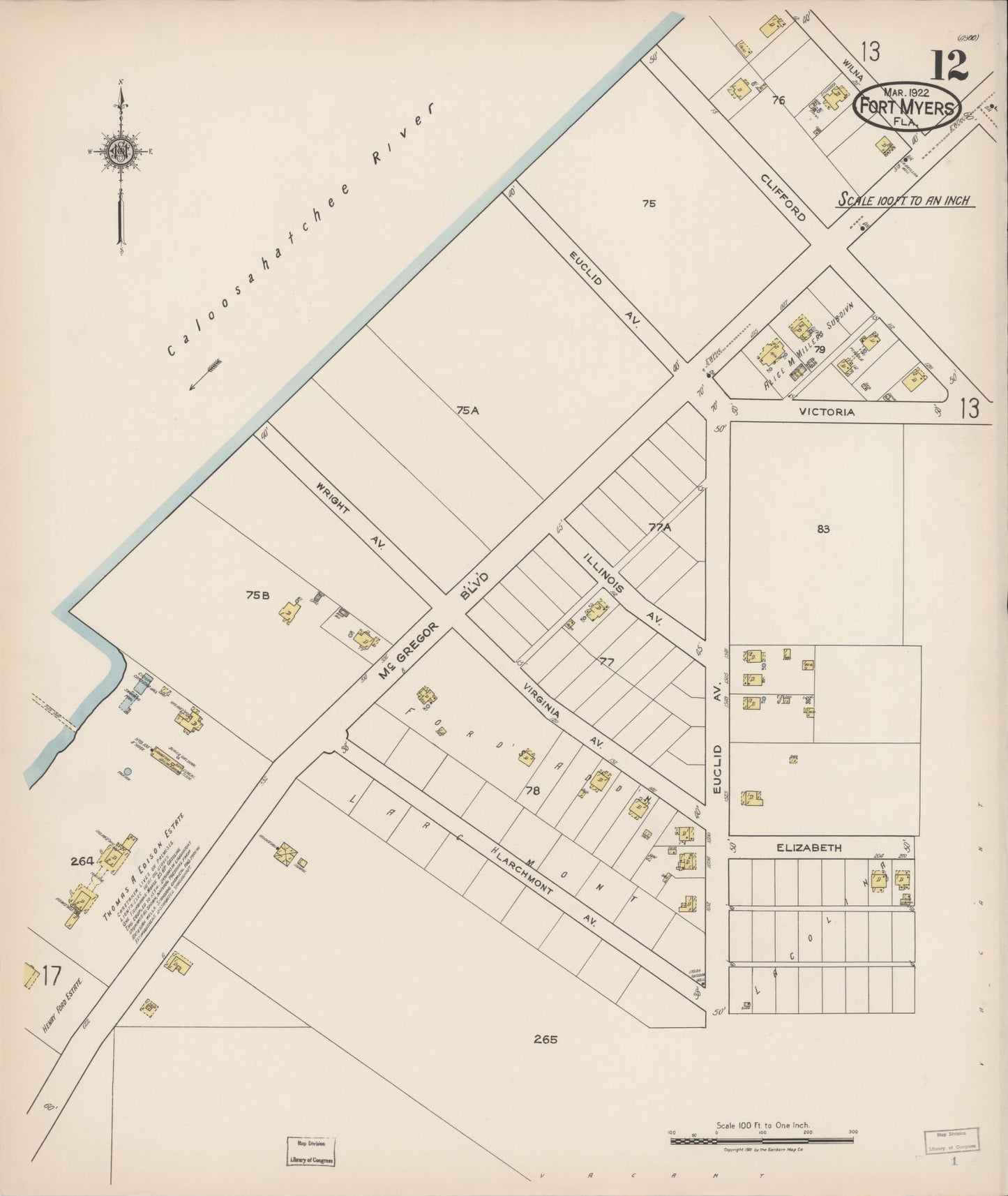 Sanborn Fire Insurance Map from Fort Myers, Lee County, Florida (1922), Sheet #0012 - Complete Map Set gallery image, historic Sanborn map, vintage wall art, Florida Florida