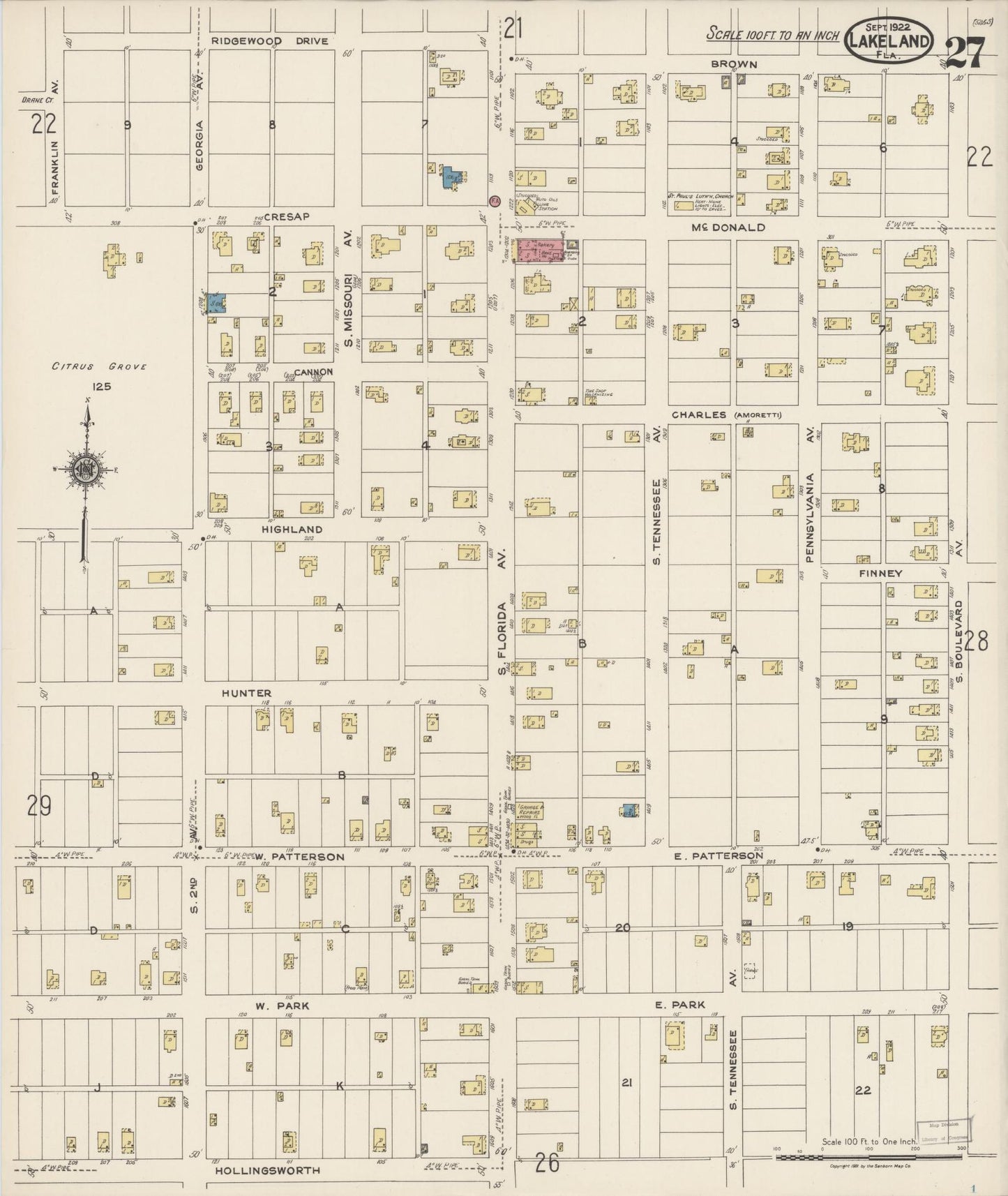 Sanborn Fire Insurance Map from Lakeland, Polk County, Florida (1922), Sheet #0027 - Historic Sanborn Fire Insurance Map Print, vintage old map wall art, antique decor, genealogy gift, Florida Florida map