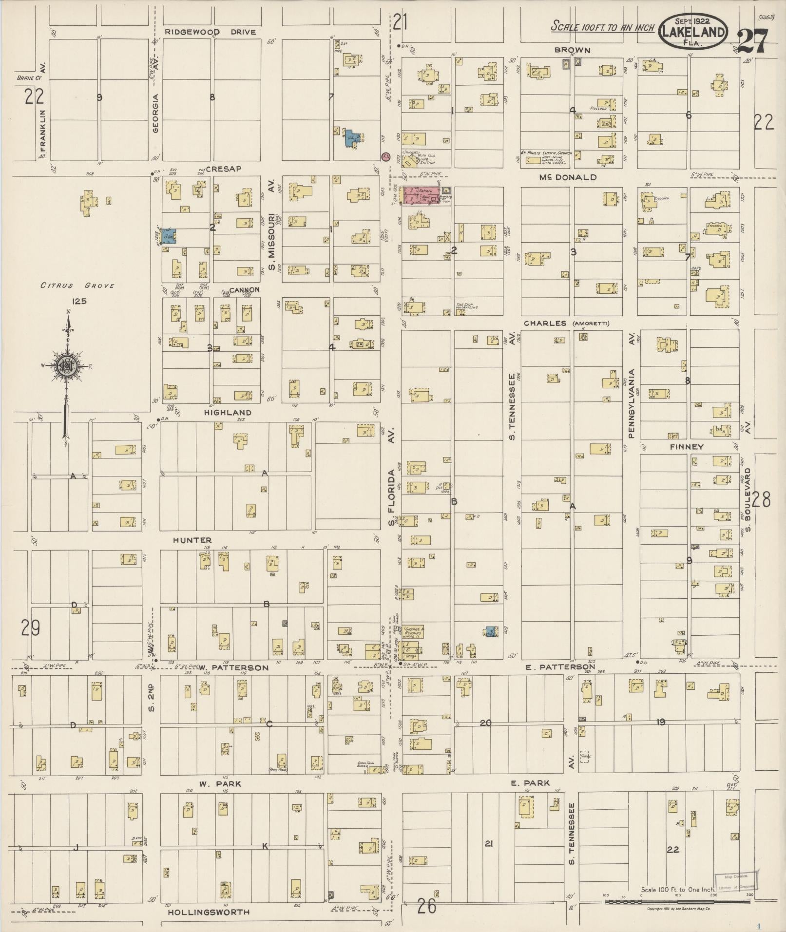 Sanborn Fire Insurance Map from Lakeland, Polk County, Florida (1922), Sheet #0027 - Historic Sanborn Fire Insurance Map Print, vintage old map wall art, antique decor, genealogy gift, Florida Florida map
