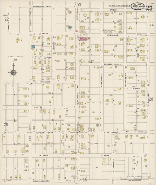 Sanborn Fire Insurance Map from Lakeland, Polk County, Florida (1922), Sheet #0027 - Historic Sanborn Fire Insurance Map Print, vintage old map wall art, antique decor, genealogy gift, Florida Florida map