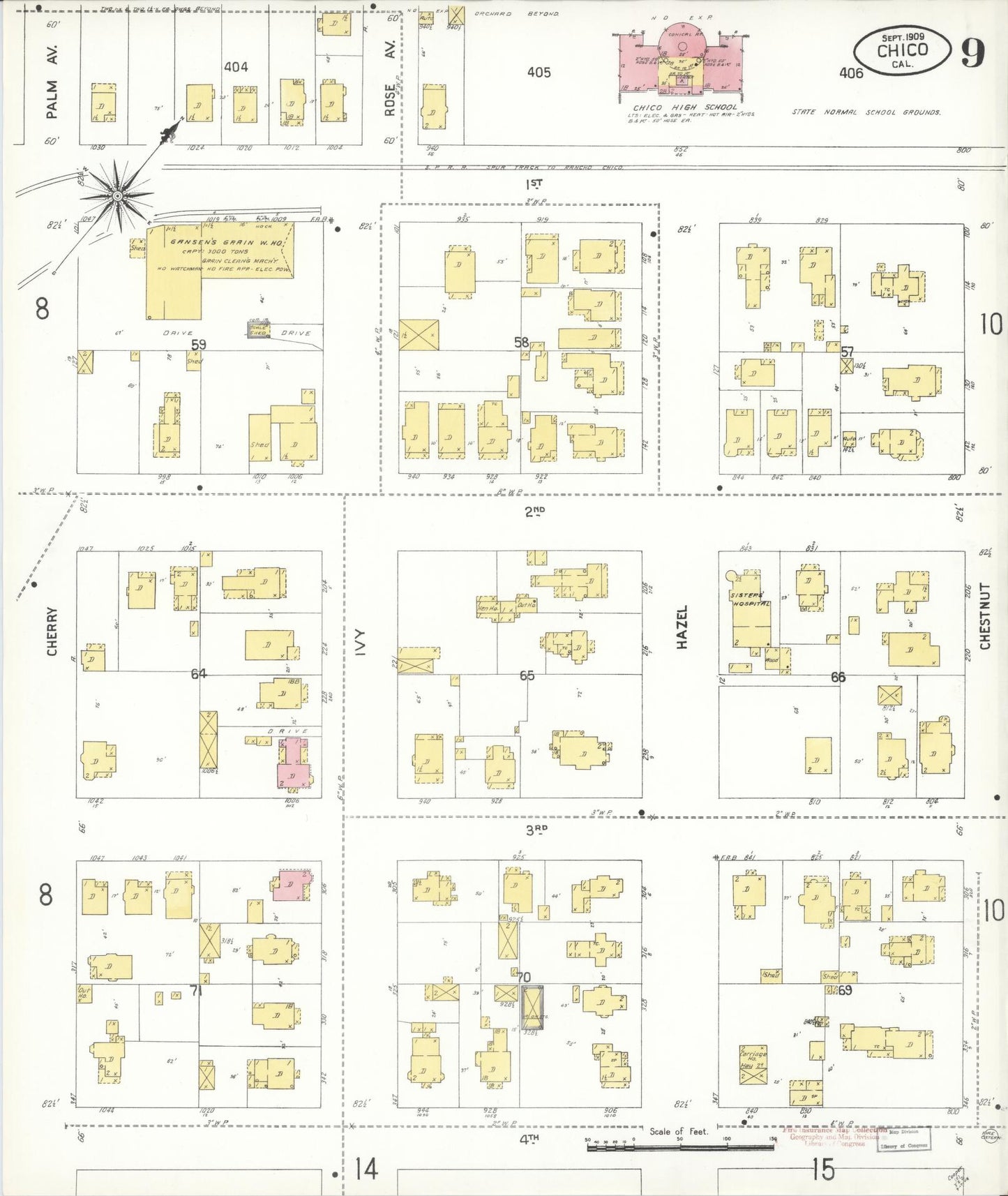 Sanborn Fire Insurance Map from Chico, Butte County, California (1909), Sheet #0009 - Historic Sanborn Fire Insurance Map Print, vintage old map wall art, antique decor, genealogy gift, California California map