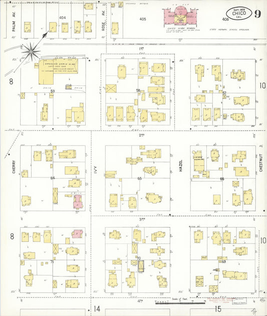 Sanborn Fire Insurance Map from Chico, Butte County, California (1909), Sheet #0009 - Historic Sanborn Fire Insurance Map Print, vintage old map wall art, antique decor, genealogy gift, California California map