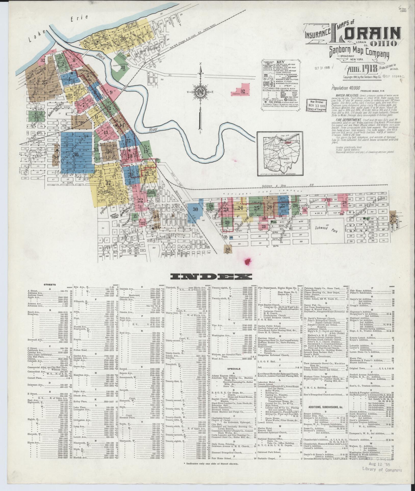 Sanborn Fire Insurance Map from Lorain, Lorain County, Ohio (1918), Sheet #0001 - Historic Sanborn Fire Insurance Map Print, vintage old map wall art, antique decor, genealogy gift, Ohio Ohio map