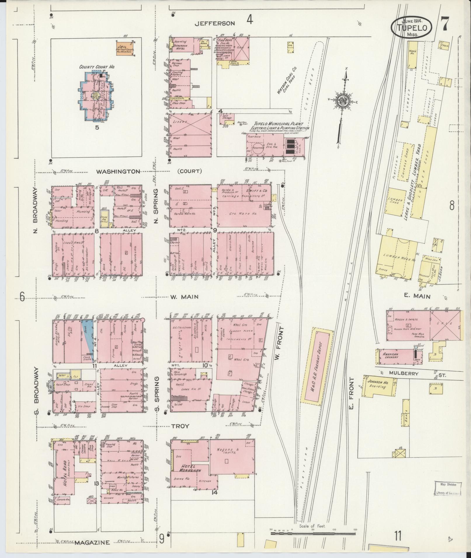 Sanborn Fire Insurance Map from Tupelo, Lee County, Mississippi (1914), Sheet #0007 - Historic Sanborn Fire Insurance Map Print, vintage old map wall art, antique decor, genealogy gift, Mississippi Mississippi map
