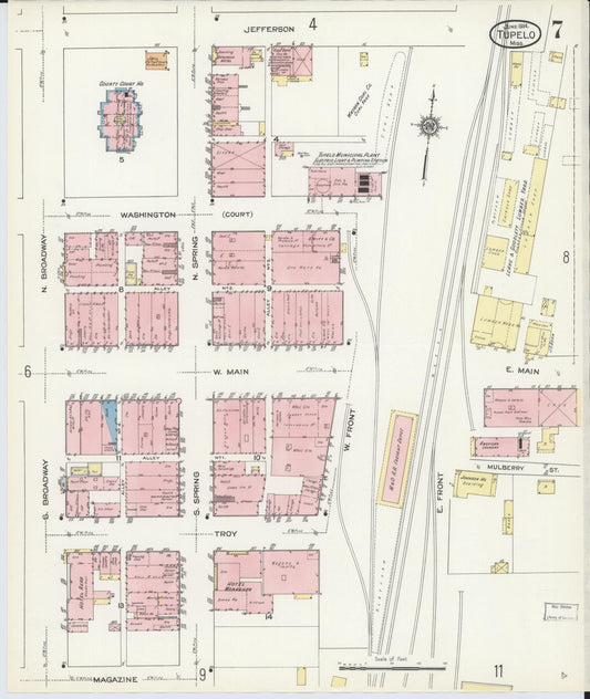 Sanborn Fire Insurance Map from Tupelo, Lee County, Mississippi (1914), Sheet #0007 - Historic Sanborn Fire Insurance Map Print, vintage old map wall art, antique decor, genealogy gift, Mississippi Mississippi map