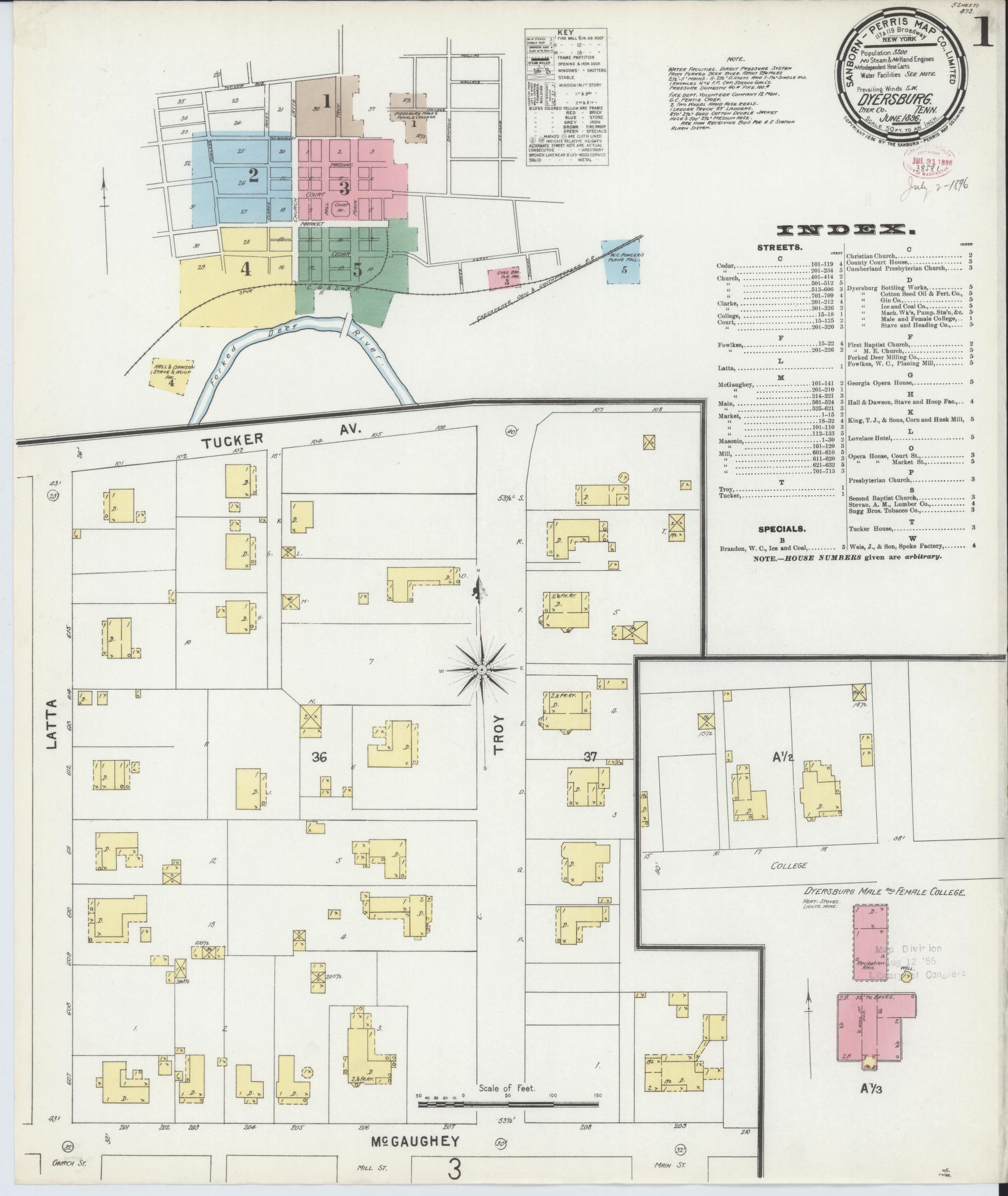 Sanborn Fire Insurance Map from Dyersburg, Dyer County, Tennessee (1896), Sheet #0001 - Historic Sanborn Fire Insurance Map Print, vintage old map wall art, antique decor, genealogy gift, Tennessee Tennessee map