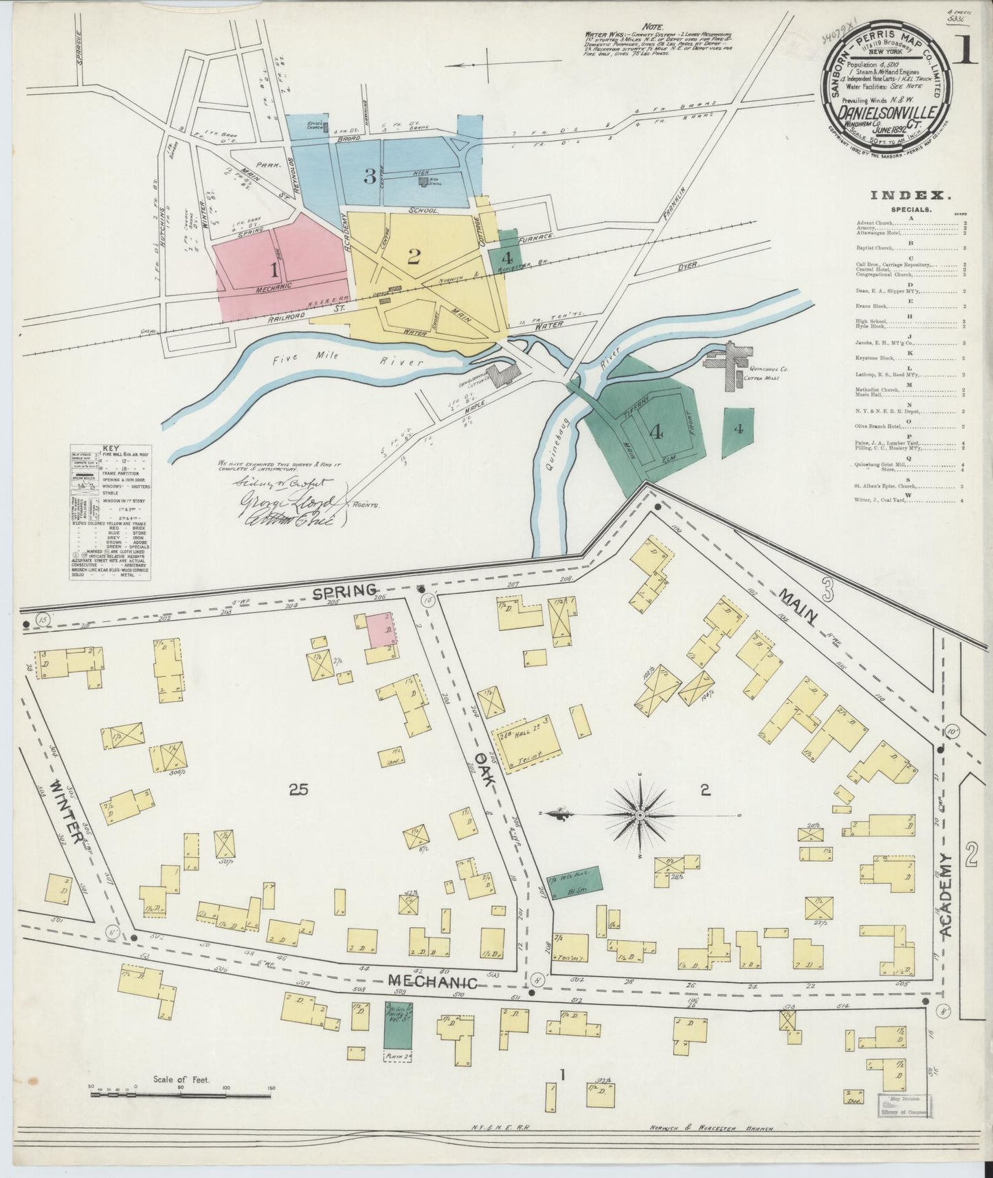 Sanborn Fire Insurance Map from Danielsonville, Windham County, Connecticut (1892), Sheet #0001 - Complete Map Set gallery image, historic Sanborn map, vintage wall art, Connecticut Connecticut
